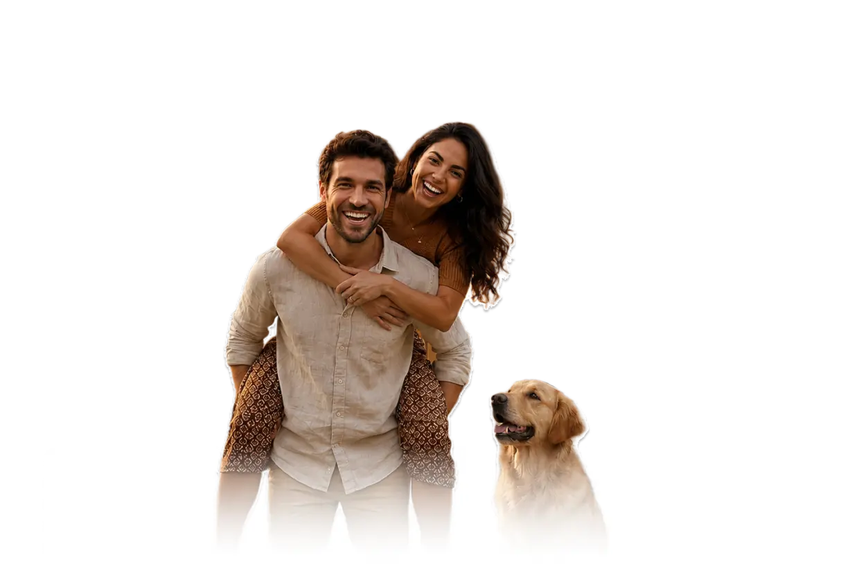 Junges paar vor einem Haus stehend mit Hund, die Renovierung planend