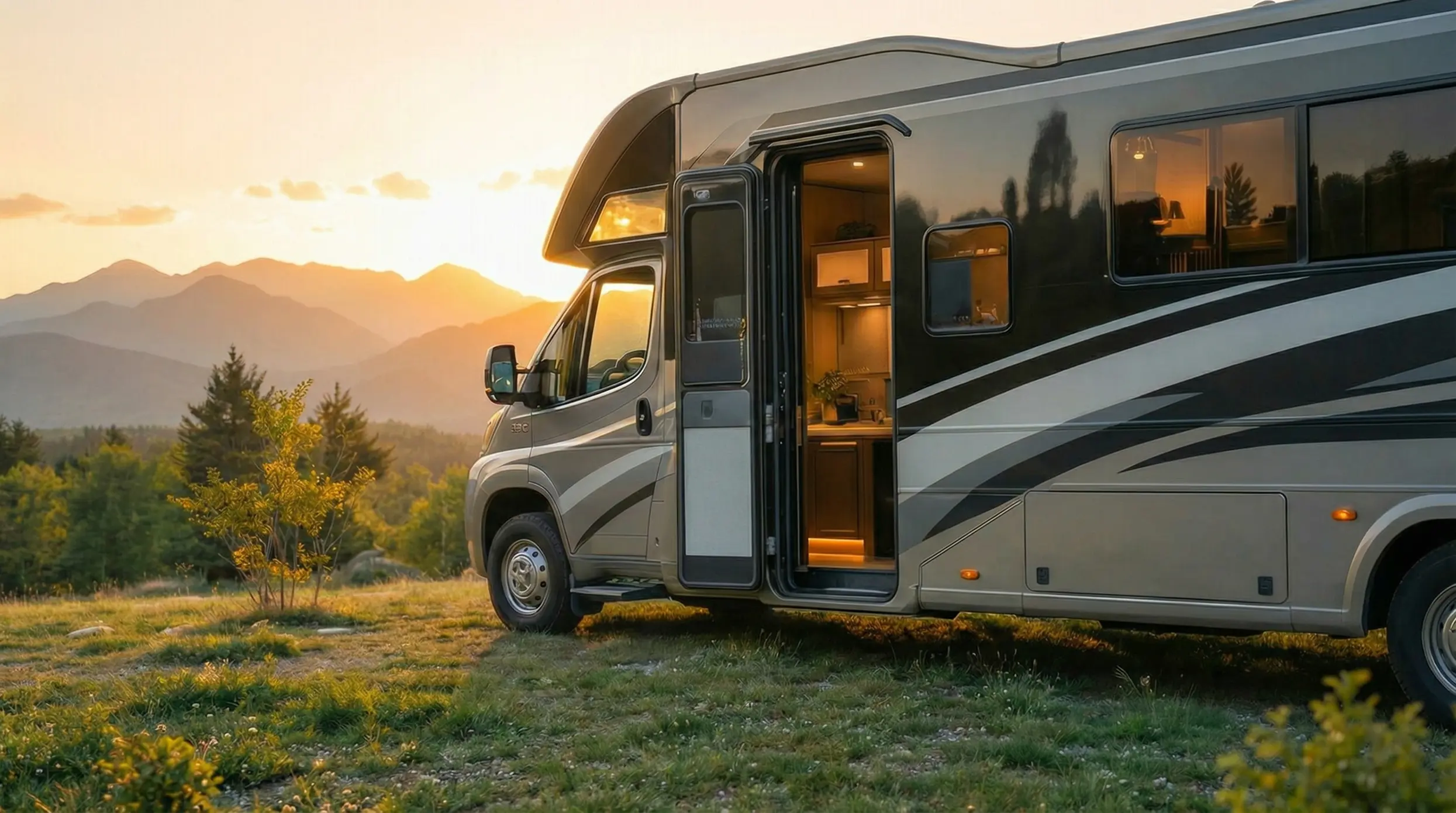 Ein Luxuscamper im Hintergrund Sonnenuntergang