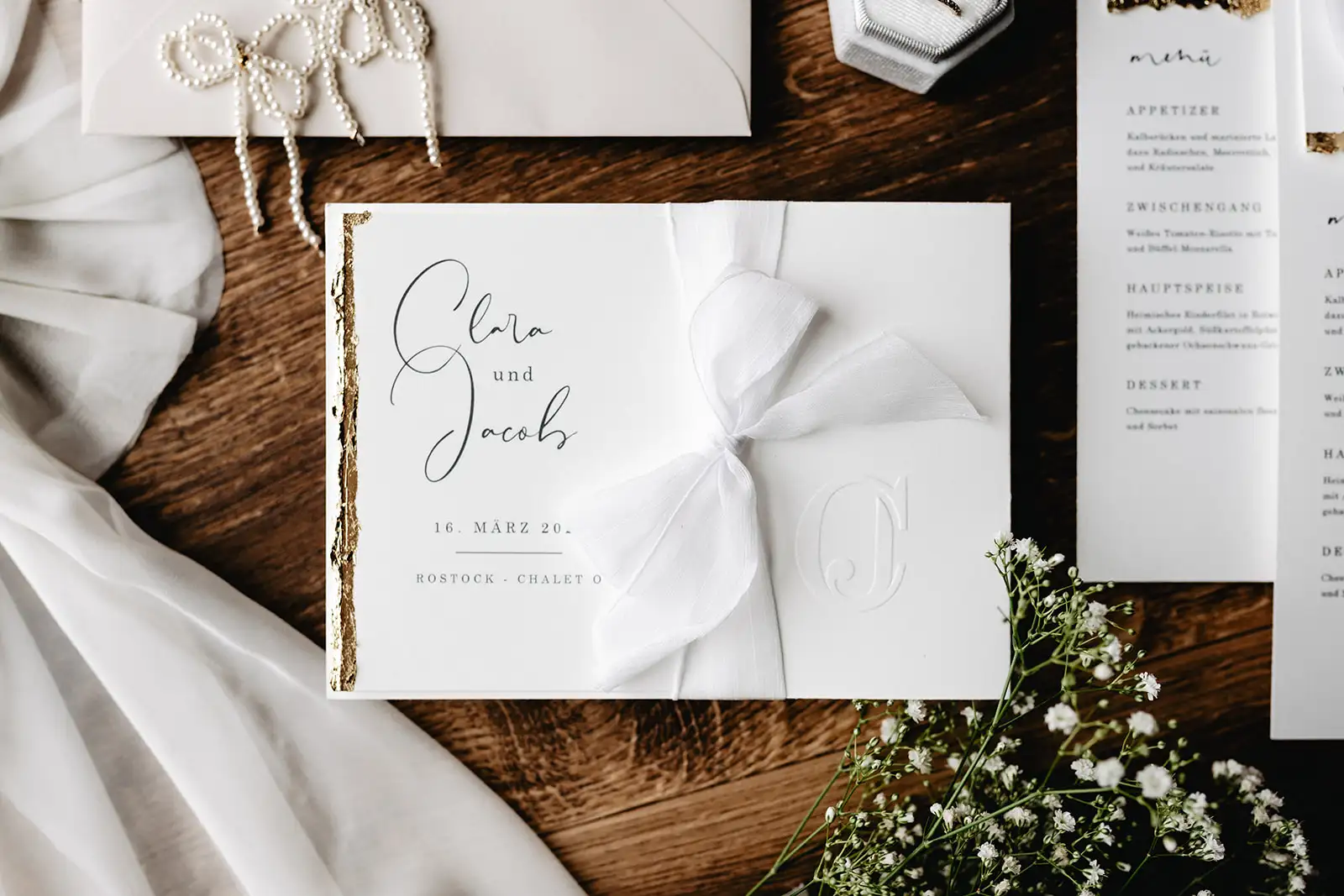 Hochzeit Paperterie Menü und Ringe