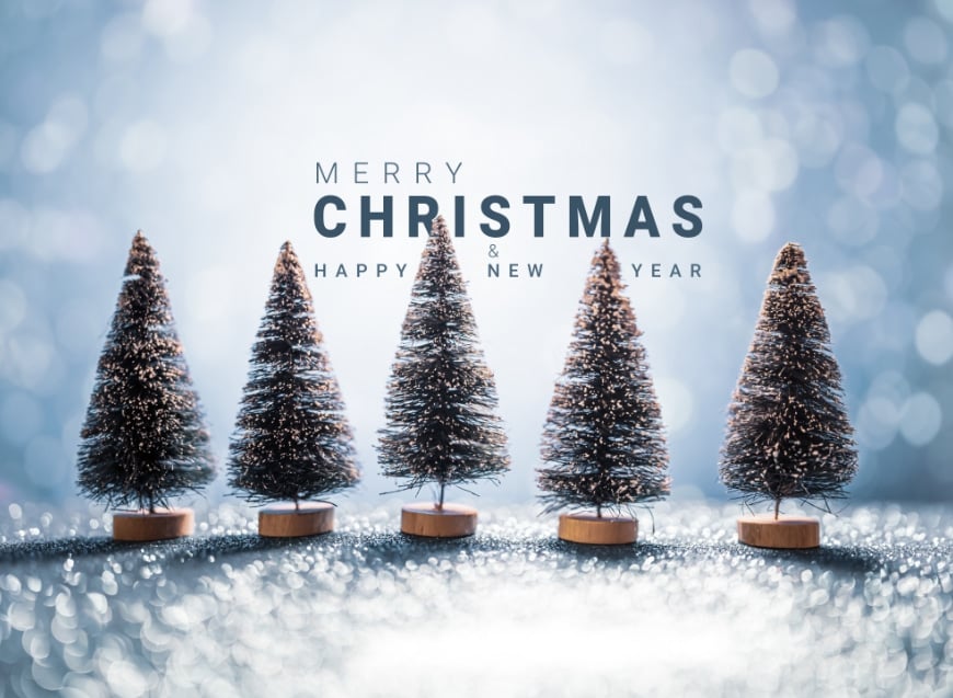 A snow scene with five glittery fir trees and the words “Merry Christmas & Happy New Year”