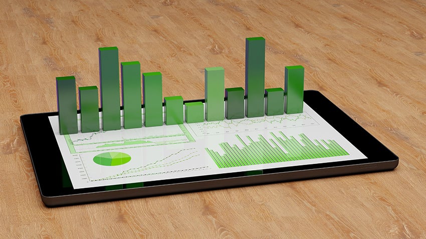 tablet with graphs showing ecological analysis of growth and sustainability