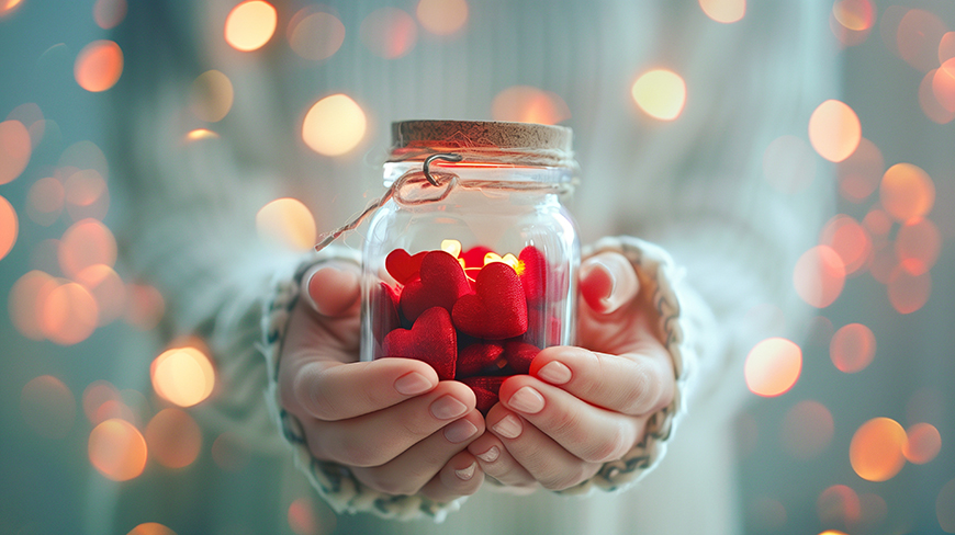 hands holding a jar with red hearts and lights in the background