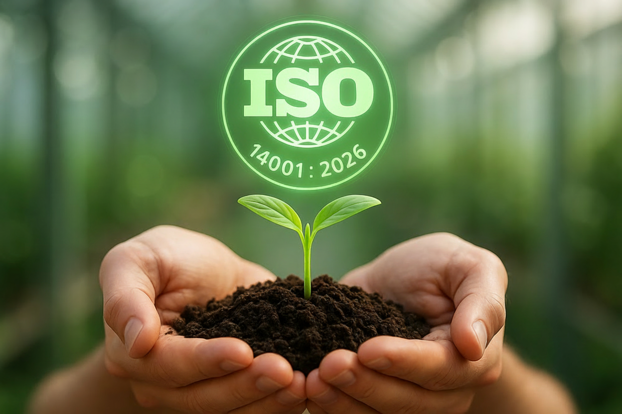 ISO 14001:2016 above a small growing plant held in a woman’s hands