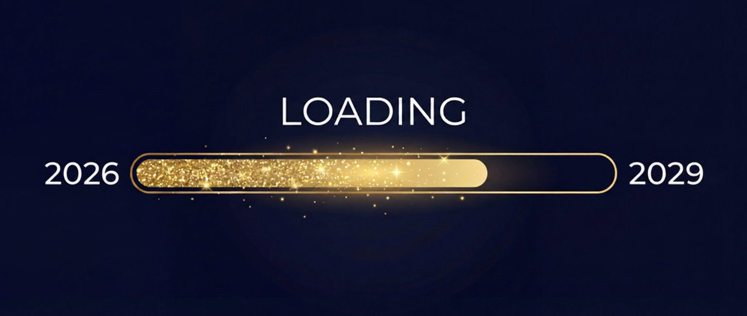 A timeline in gold and black with showing 2026 loading to 2029