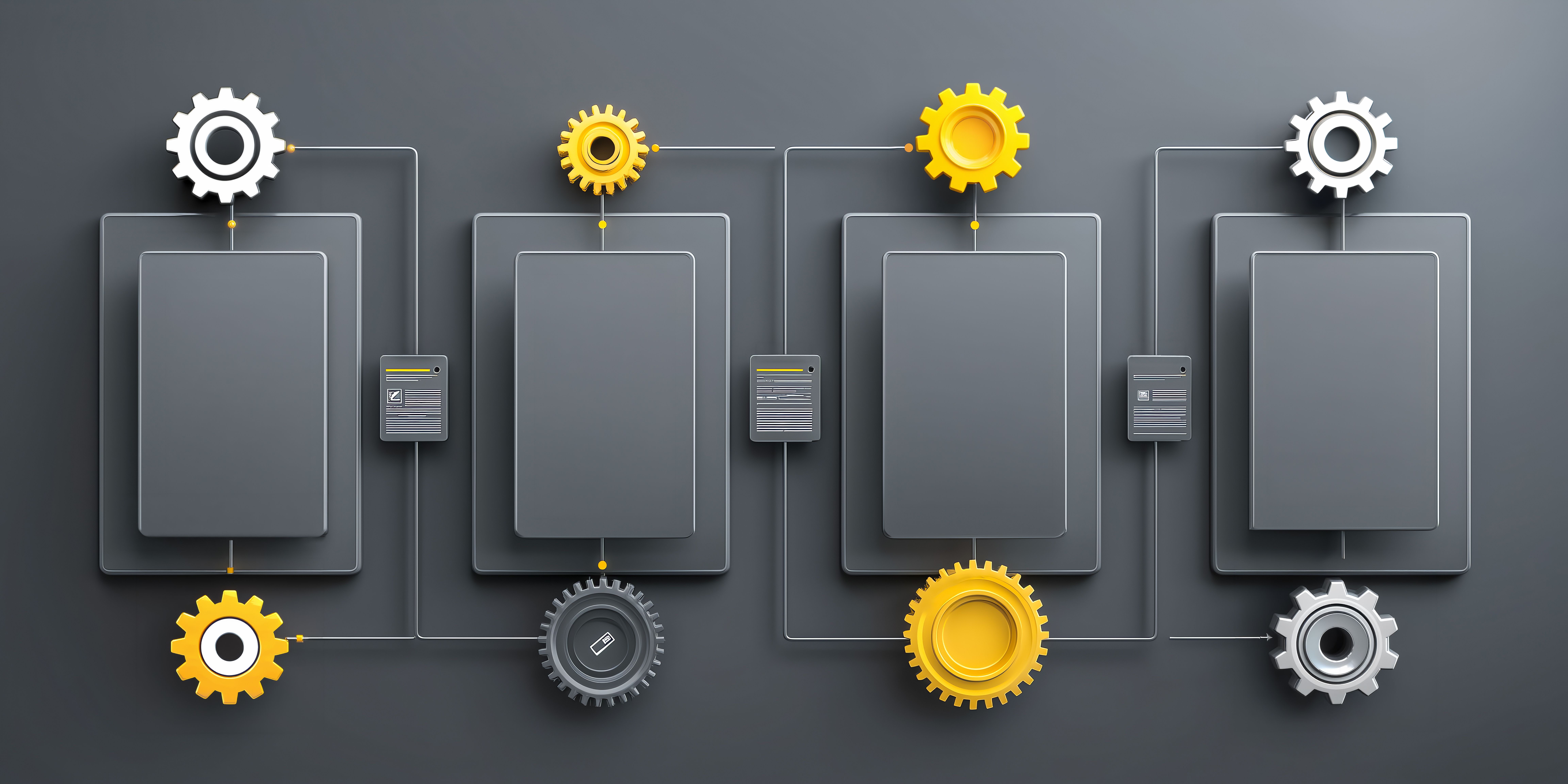 Abstract ISO certification concept with gears, documents and compliance processes