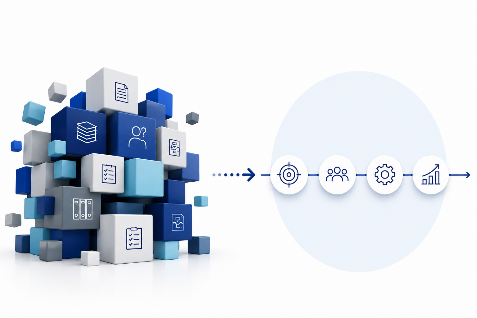 Illustration showing a complex collection of interconnected blocks and documents transitioning into a simple, streamlined business process, representing that larger ISO management systems are not necessarily more effective than focused, practical ones.