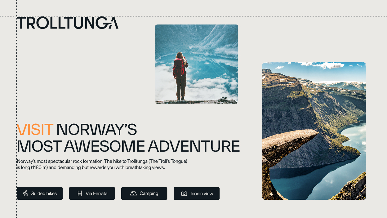Person with red backpack standing above clouds overlooking a mountain lake, and view of Trolltunga cliff over fjord in Norway under blue sky.