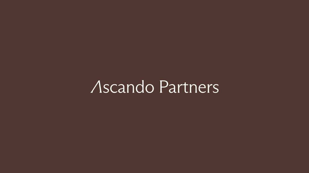 Ascando Partners text logo with stylized capital A on dark brown background.