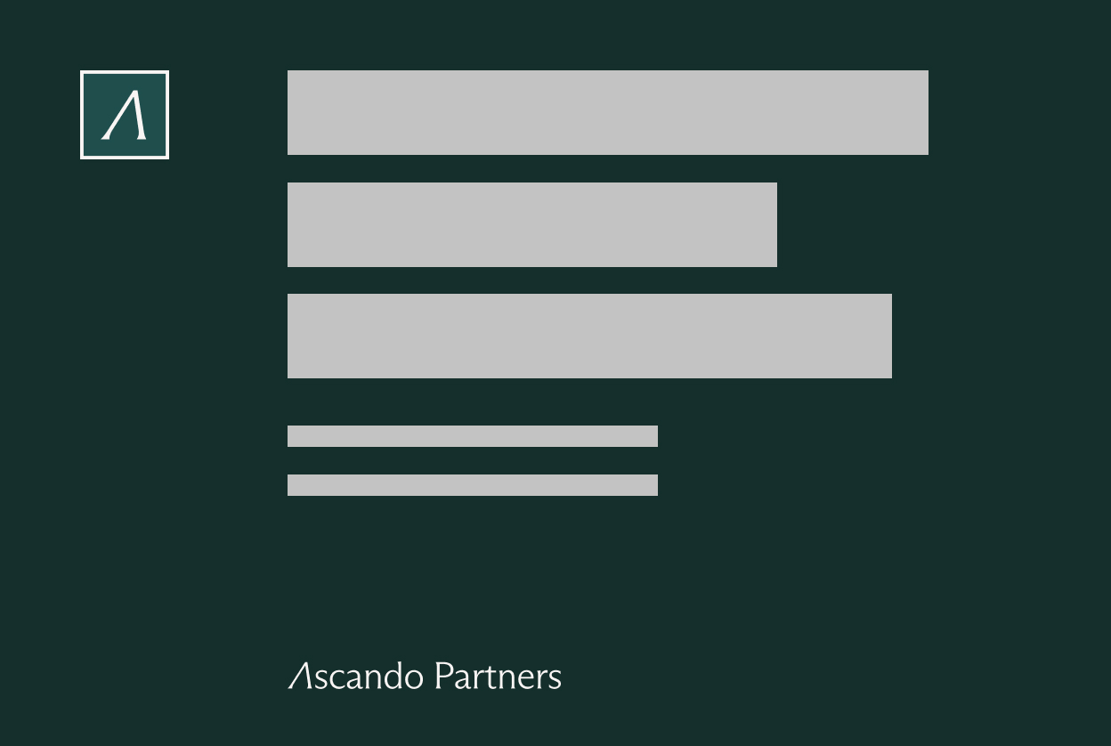 Dark green background with the Ascando Partners logo and placeholder gray text blocks arranged vertically.