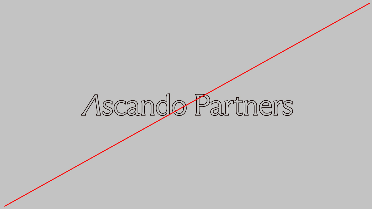Ascando Partners text logo with a diagonal red line crossing from bottom left to top right on a gray background.
