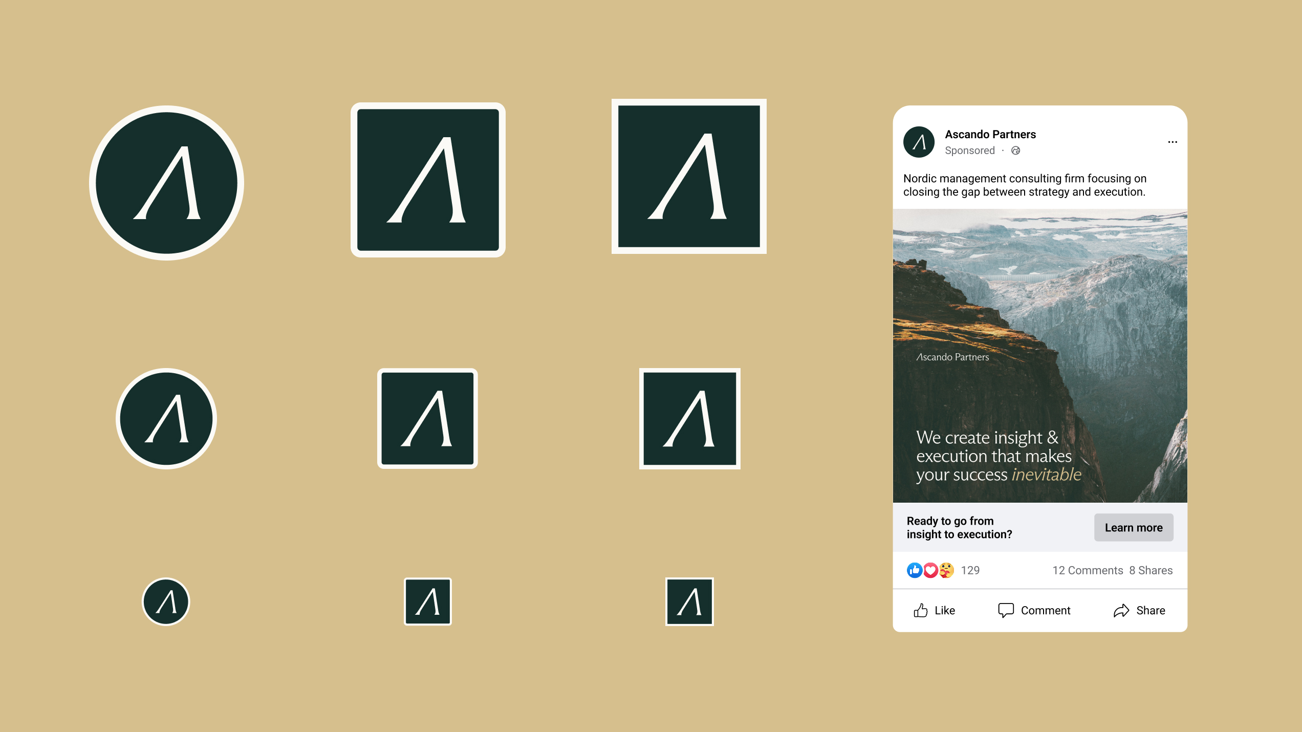 Array of dark green Ascando Partners logos in circle and square shapes of various sizes arranged in rows on a beige background, alongside a sponsored social media ad showcasing a mountain landscape and text about Nordic management consulting services.
