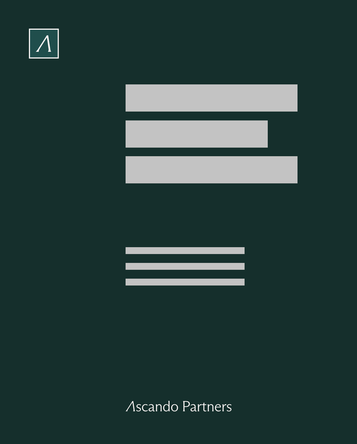 Minimalist webpage mockup with Ascando Partners logo on dark background, featuring a top-left icon and placeholder text blocks.