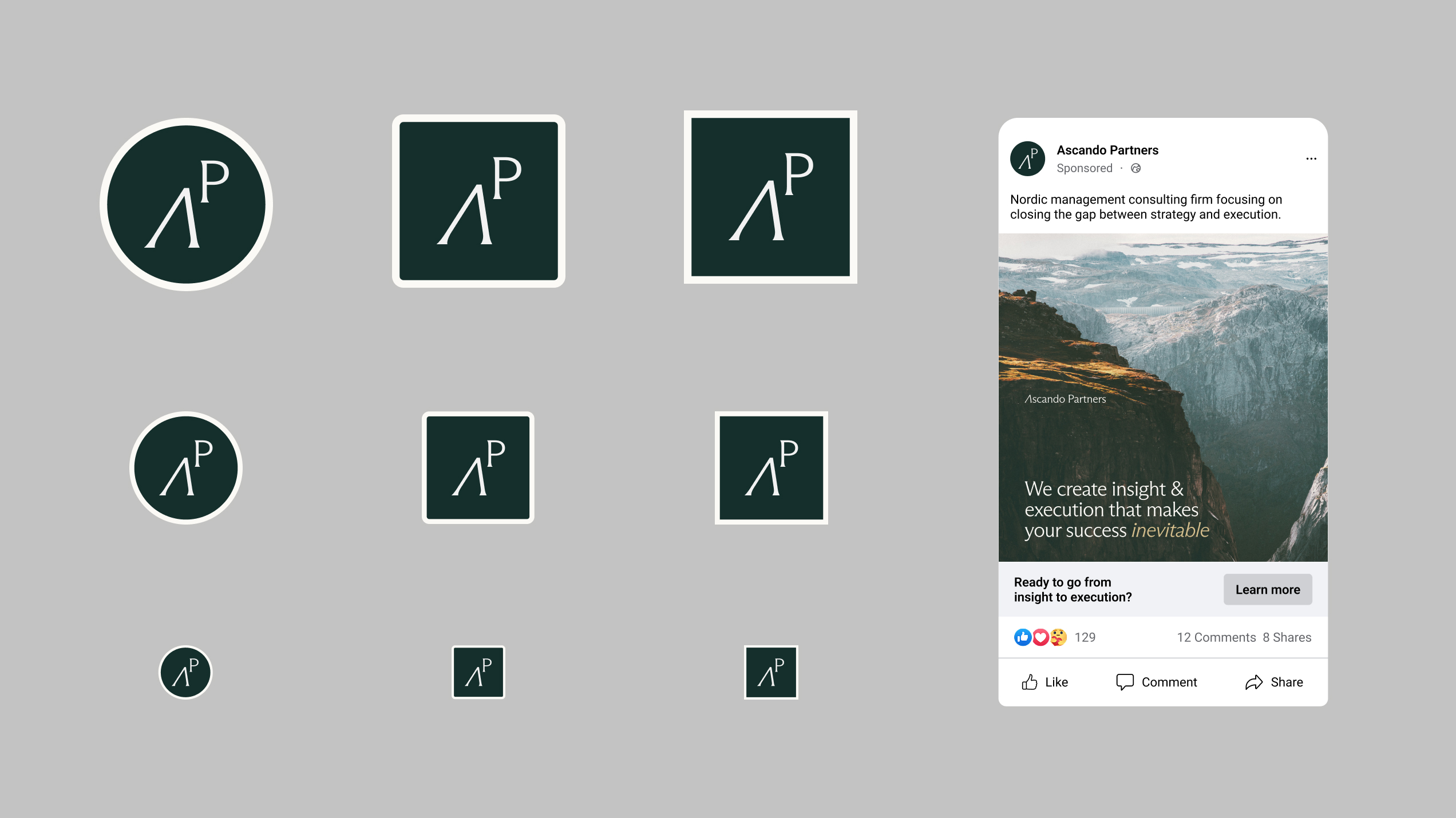 Multiple Ascando Partners logos in various sizes and shapes next to a social media ad featuring a mountain landscape and text about consulting services for strategy and execution.