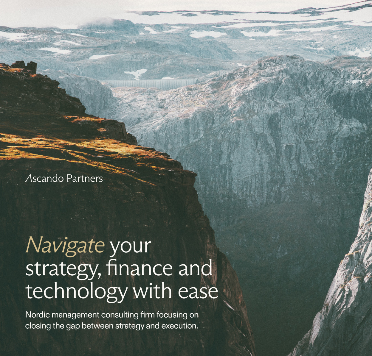 Sunlit rocky cliff with snowy mountains in the background and text promoting Ascendo Partners' consulting services.