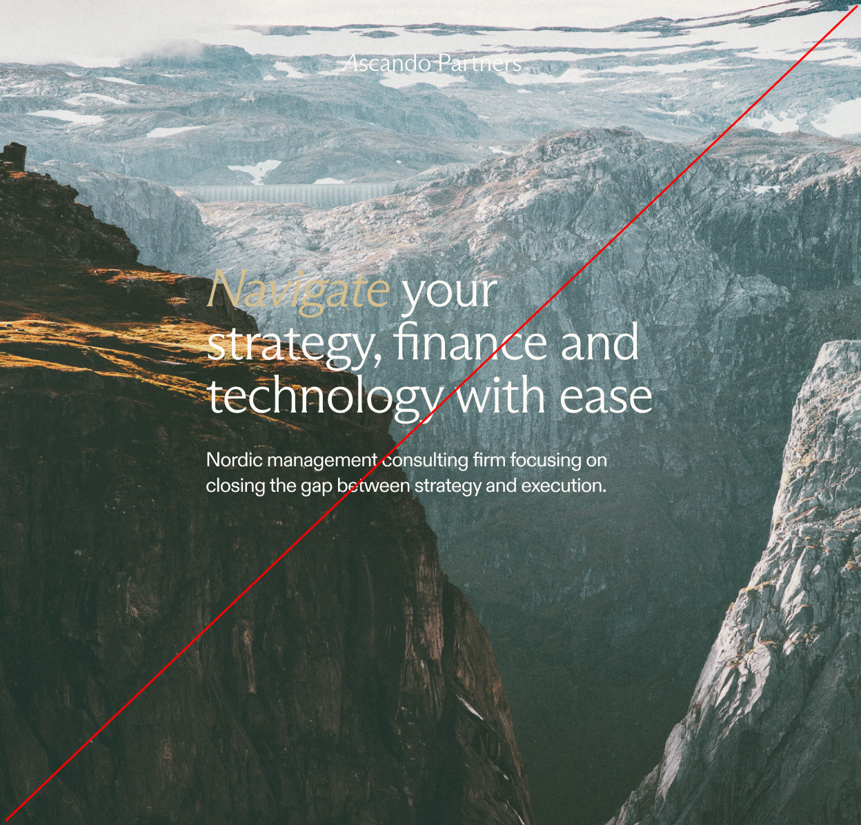 Mountainous landscape with rocky cliffs and patches of snow under a cloudy sky, overlaid with white and gold text about navigating strategy, finance, and technology.