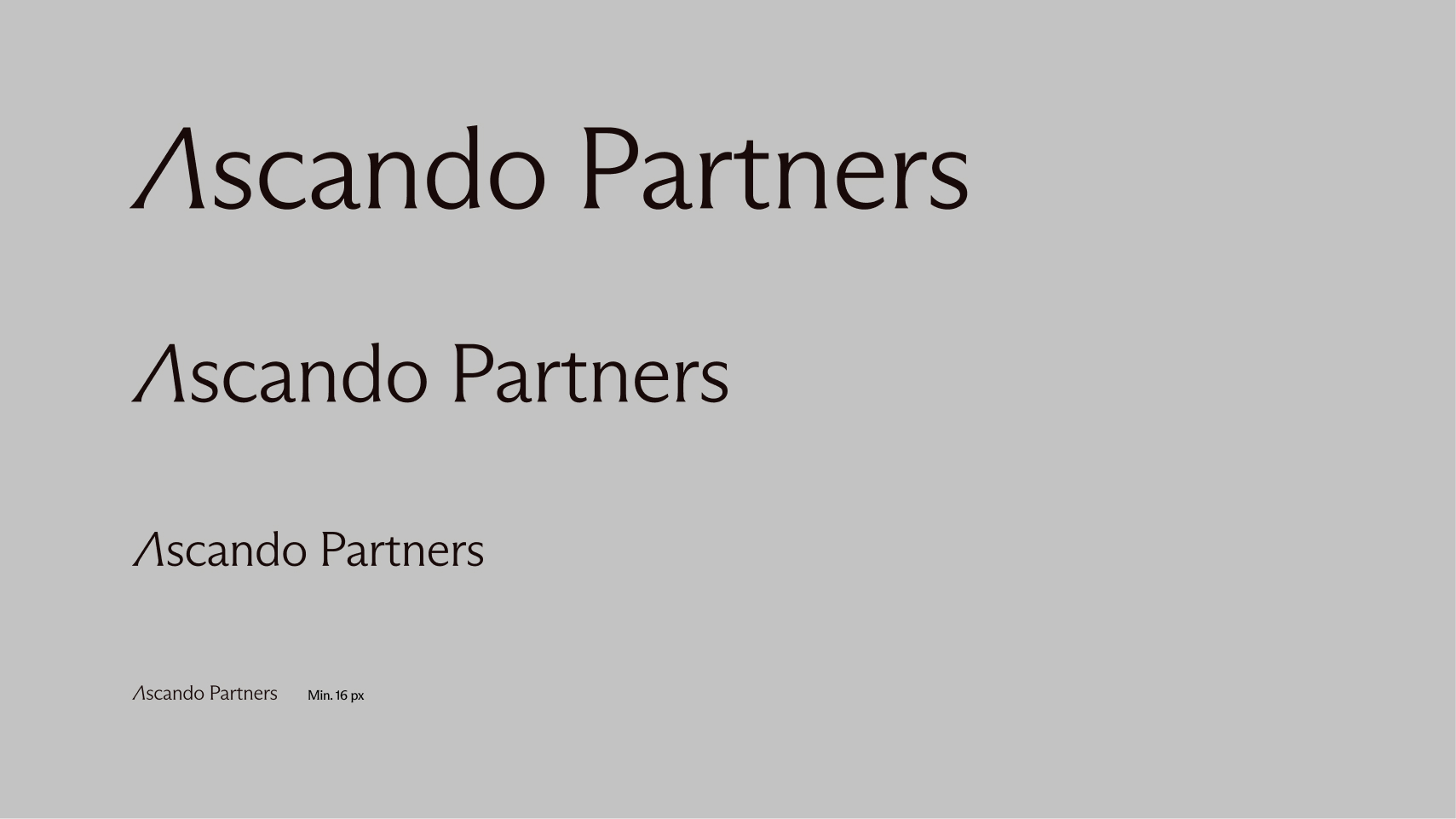 Four instances of the text 'Ascando Partners' displayed in decreasing font sizes on a gray background.