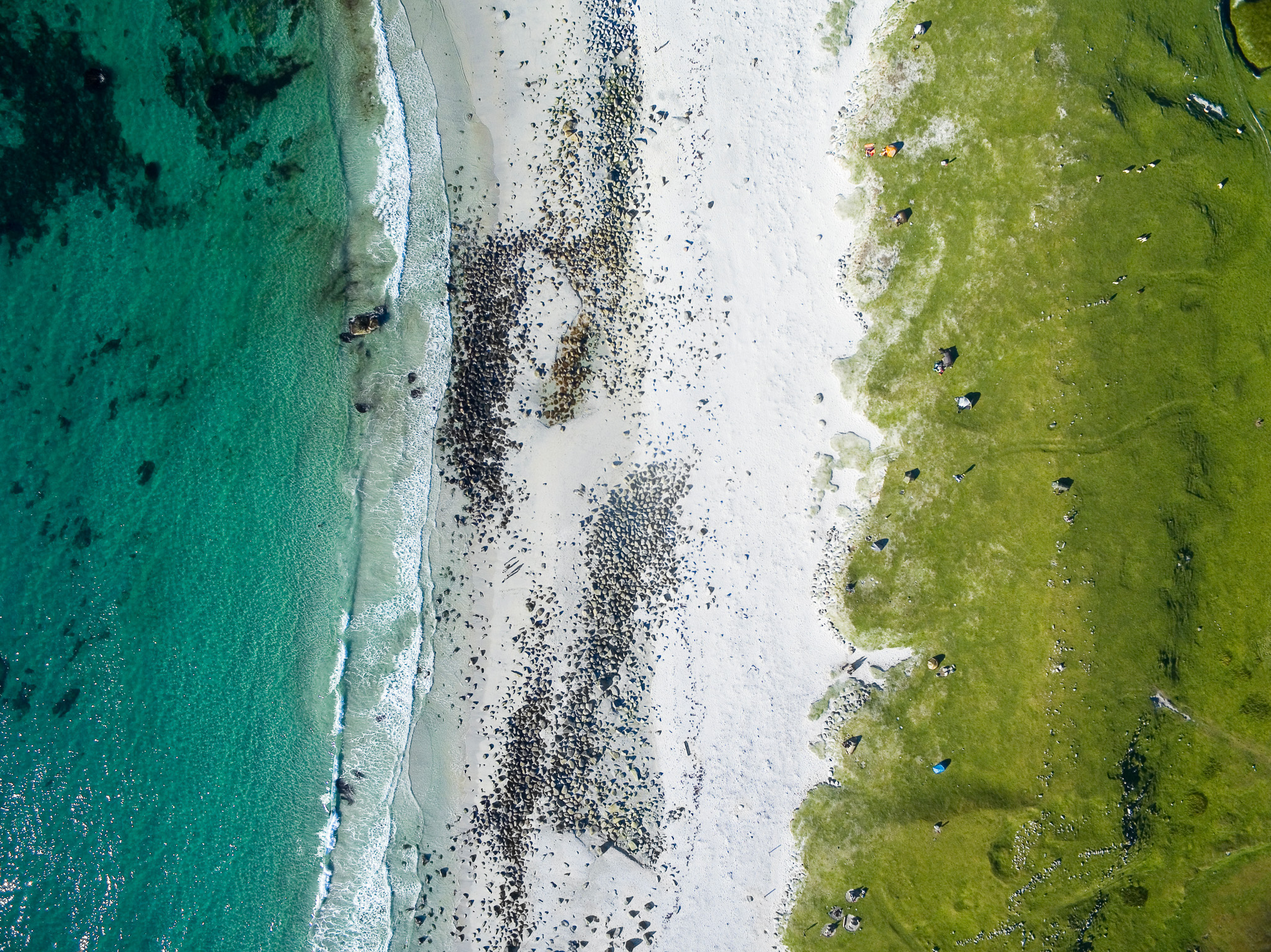 Aerial view of a turquoise ocean with waves meeting a white sandy beach bordered by green grassy land with scattered rocks.