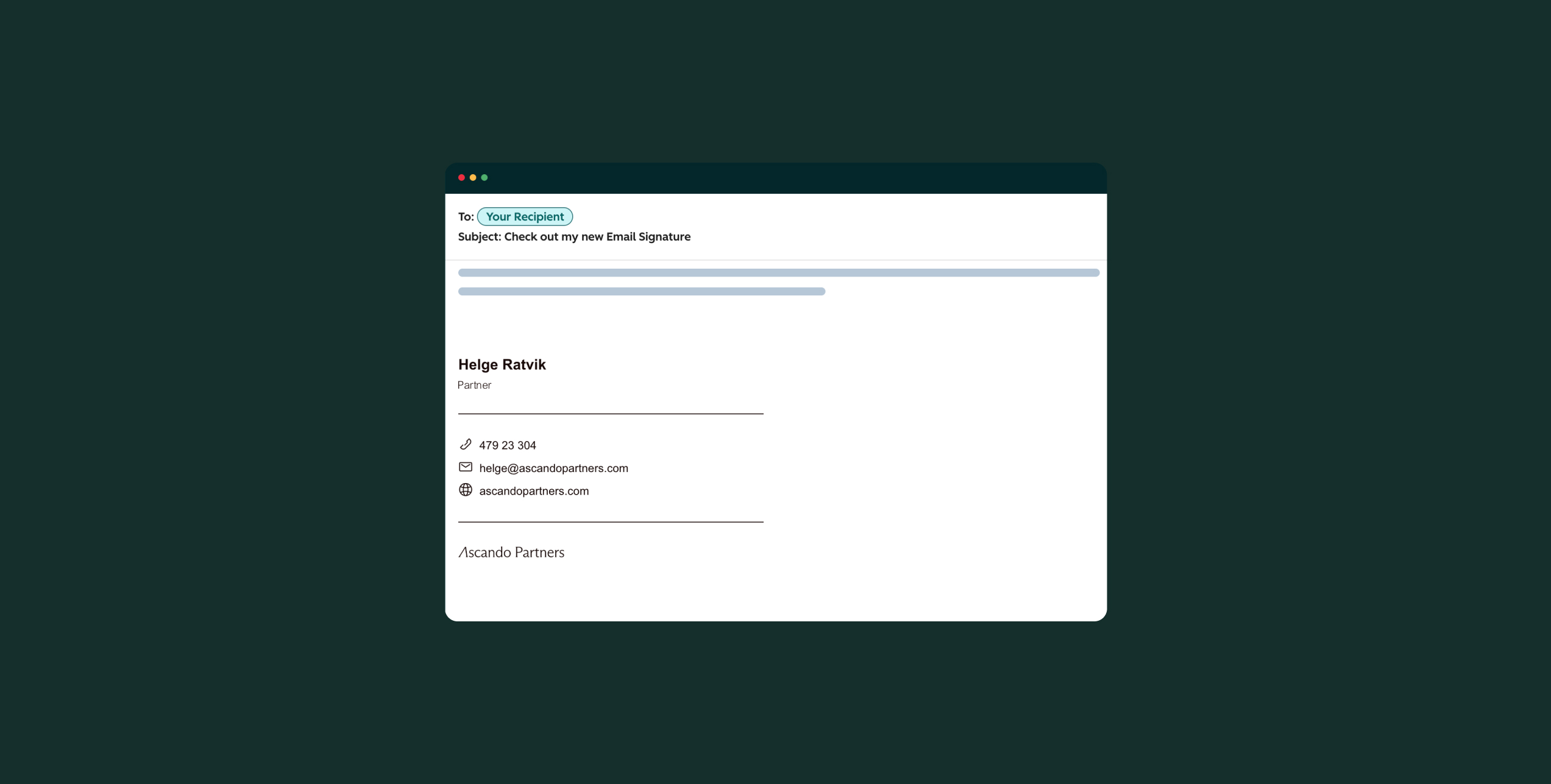 Email draft with subject 'Check out my new Email Signature' to recipient, signed by Helge Ratvik, Partner at Ascando Partners with phone, email, and website contact details.
