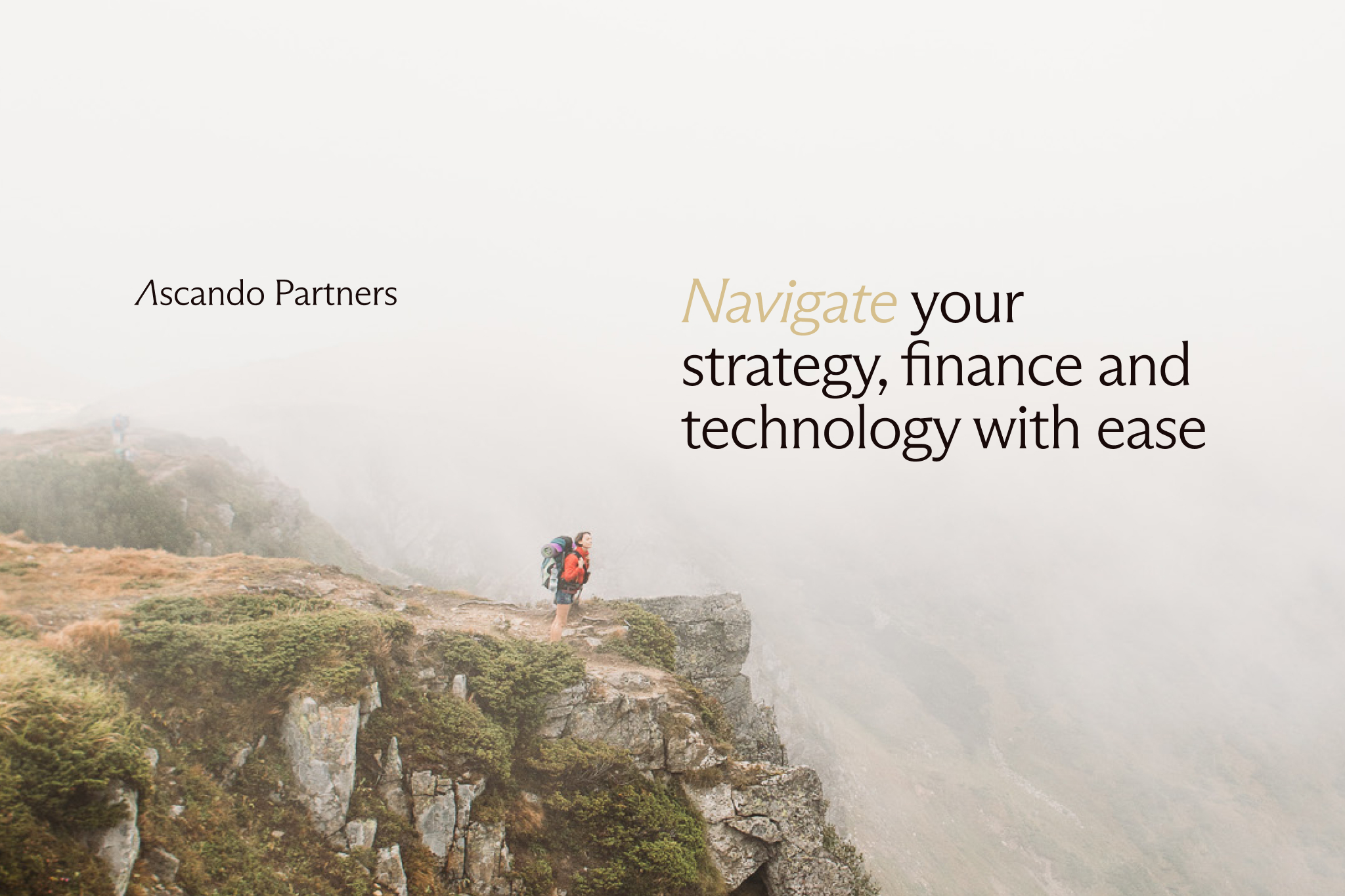 A hiker with a backpack standing on a rocky cliff edge surrounded by fog, with text promoting strategy, finance, and technology navigation.