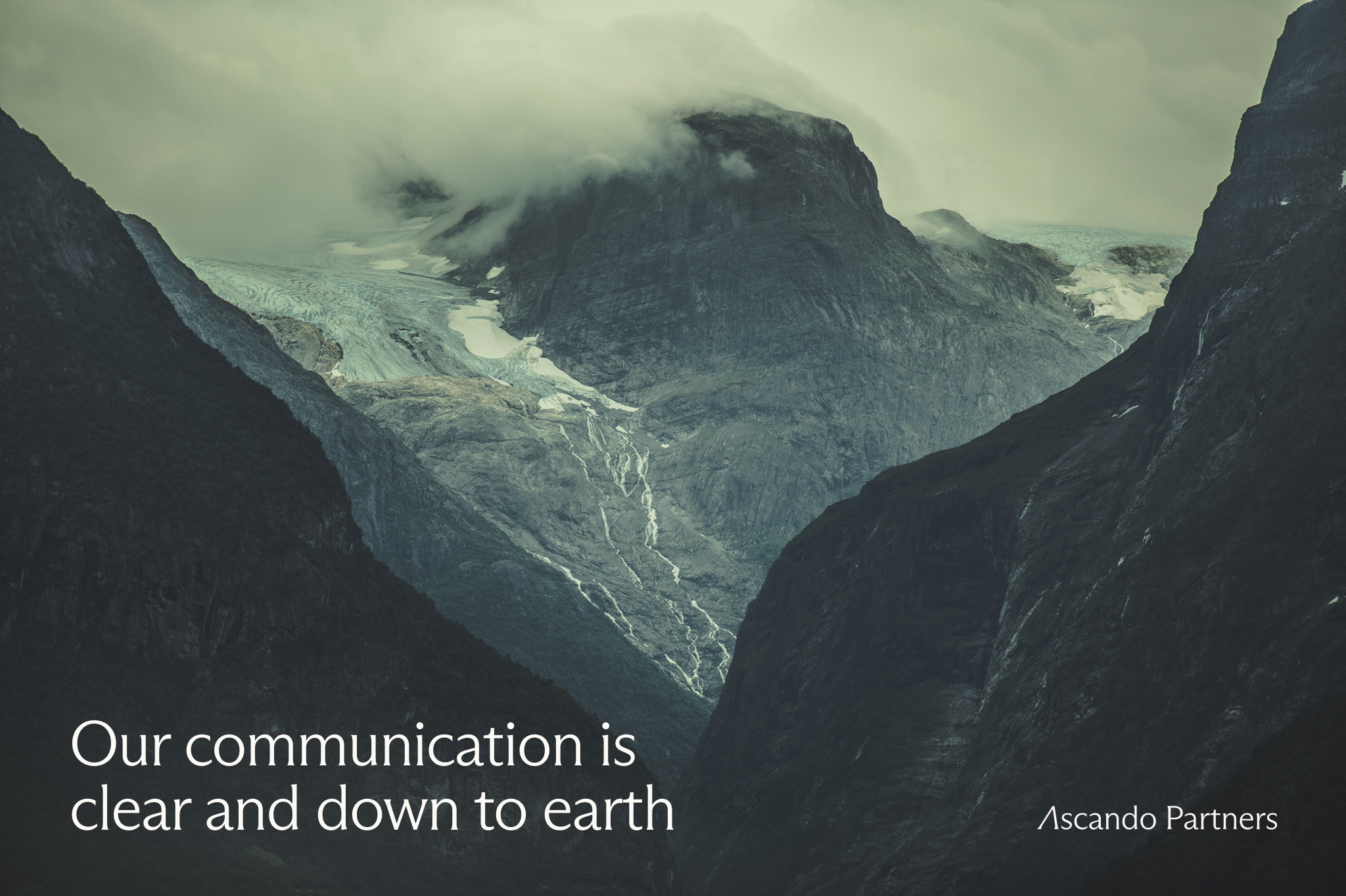Foggy mountain landscape with glaciers and waterfalls, overlaid with the text 'Our communication is clear and down to earth' and Ascando Partners logo.