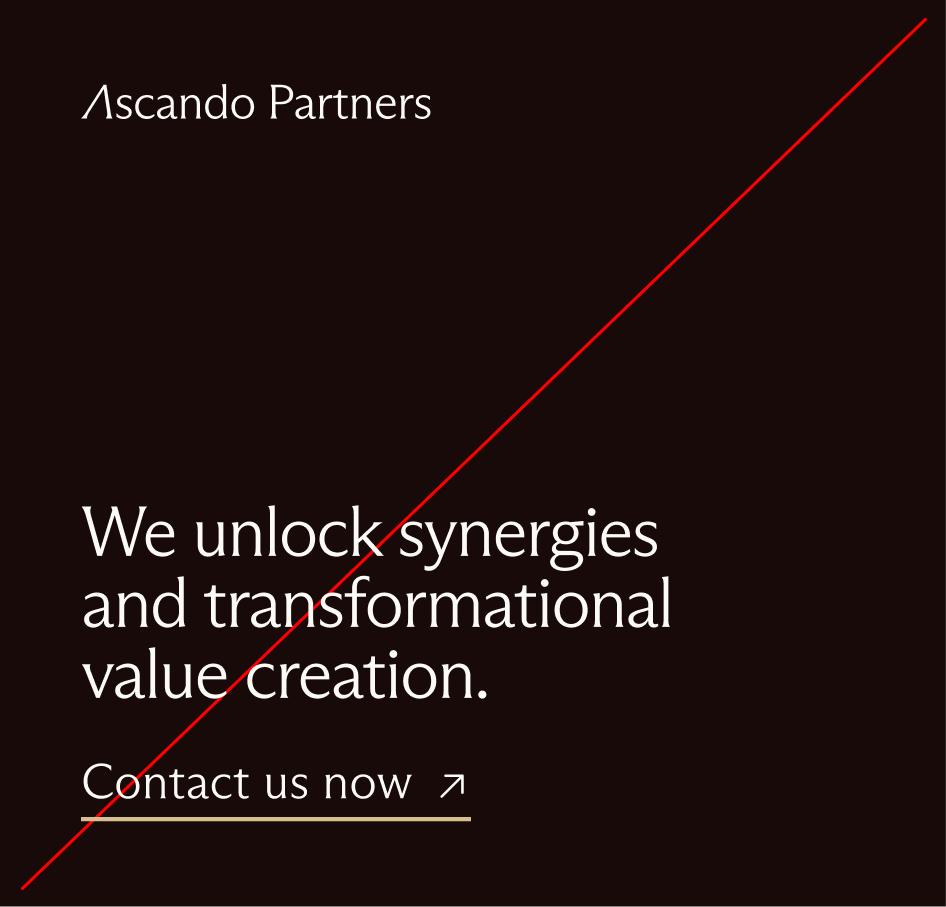 Text on black background reading: Ascando Partners, We unlock synergies and transformational value creation, with a 'Contact us now' call to action.