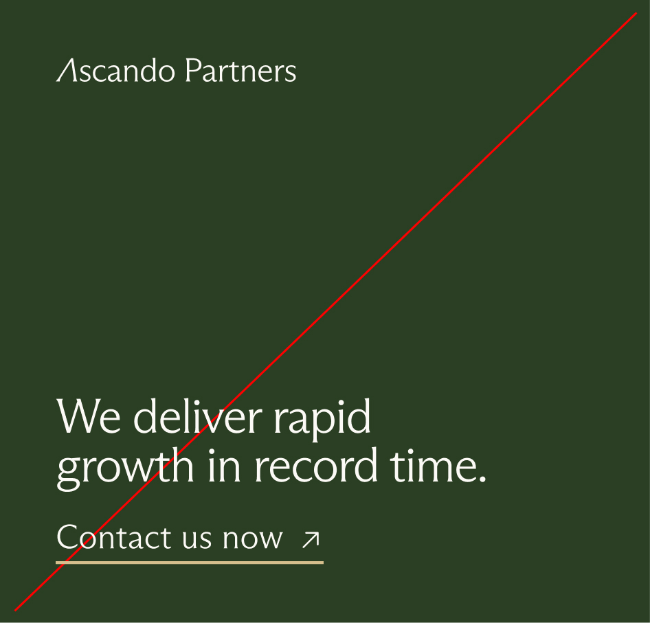 Ascendo Partners branding with the message: We deliver rapid growth in record time and a CTA link labeled Contact us now.