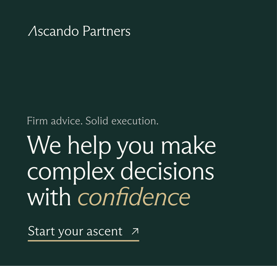 Ascando Partners logo with text offering firm advice and solid execution, stating We help you make complex decisions with confidence, and a link to Start your ascent.