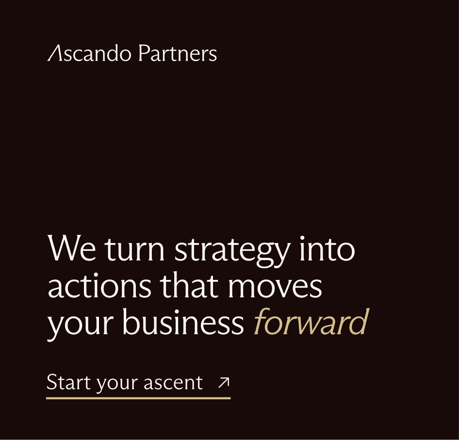 Ascendo Partners logo with text: We turn strategy into actions that moves your business forward, and a call to action link labeled Start your ascent.