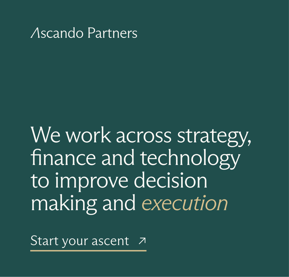 Ascendo Partners logo with text stating expertise in strategy, finance, and technology to enhance decision making and execution, and a call to action 'Start your ascent'.