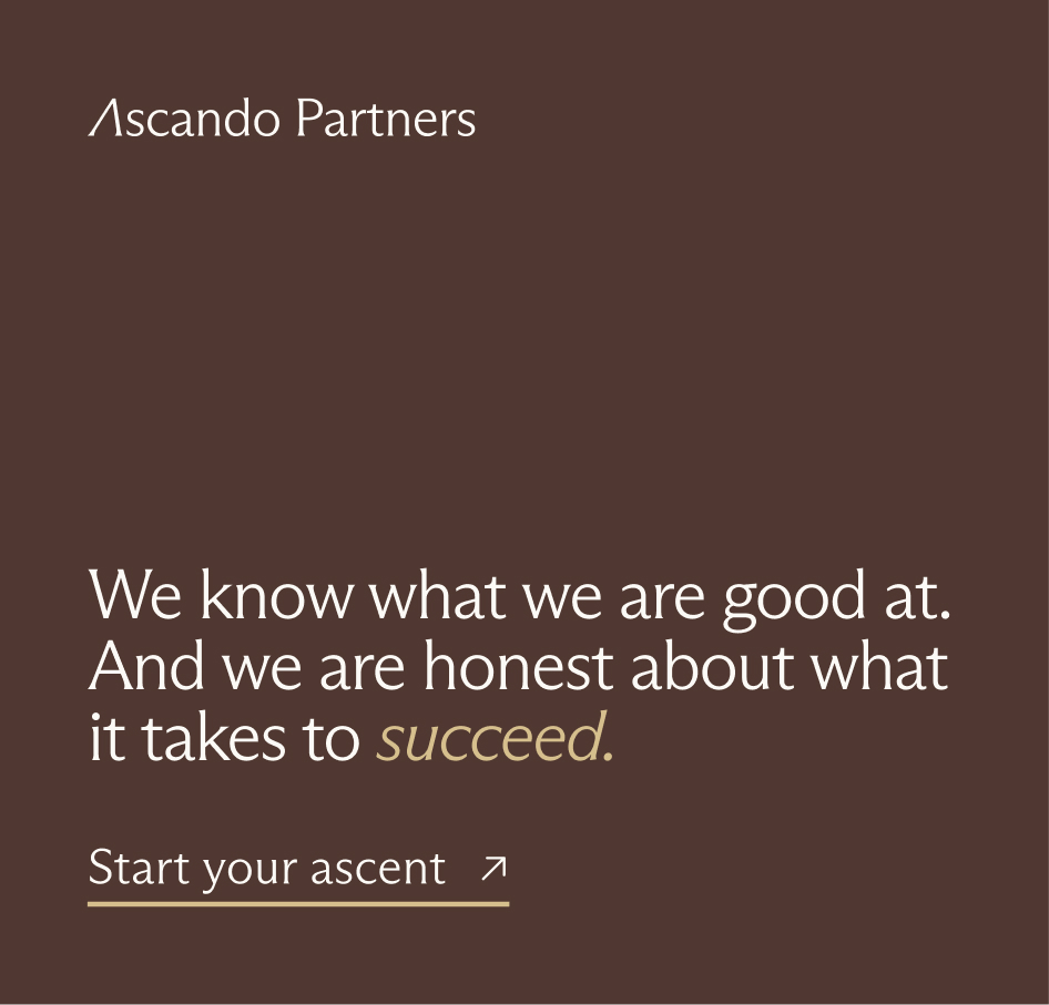 Ascendo Partners text on brown background stating: We know what we are good at. And we are honest about what it takes to succeed, with a link to start your ascent.