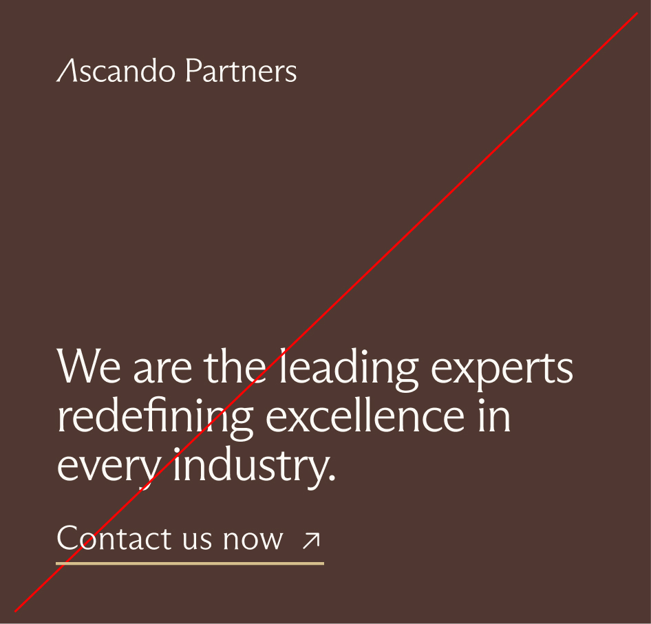Brown background with white text: Ascendo Partners logo, the phrase 'We are the leading experts redefining excellence in every industry,' and a clickable prompt 'Contact us now' with an arrow.