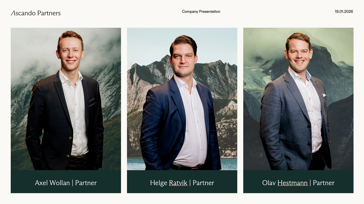 Portraits of Ascando Partners Axel Wollan, Helge Ratvik, and Olav Hestmann, each standing in front of mountain landscapes.