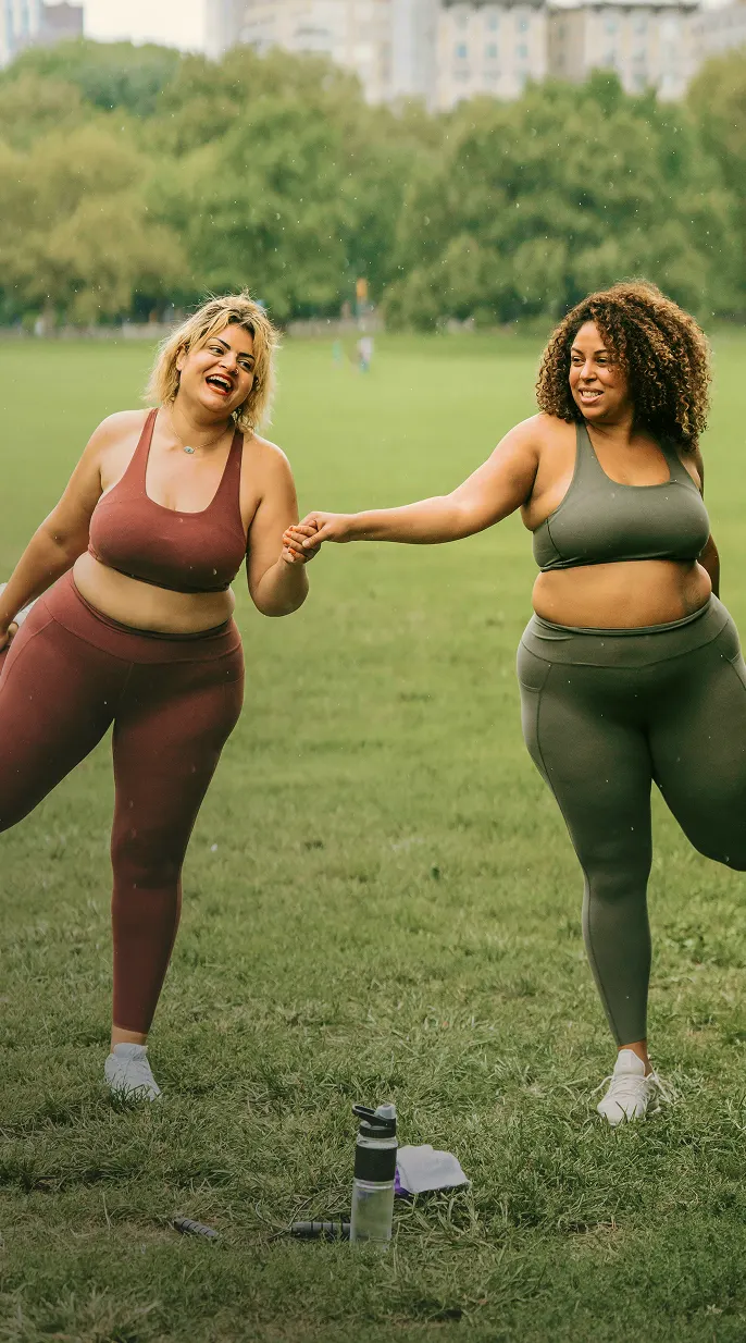 Two women holding hands outdoors, representing taking the next step in weight loss care
