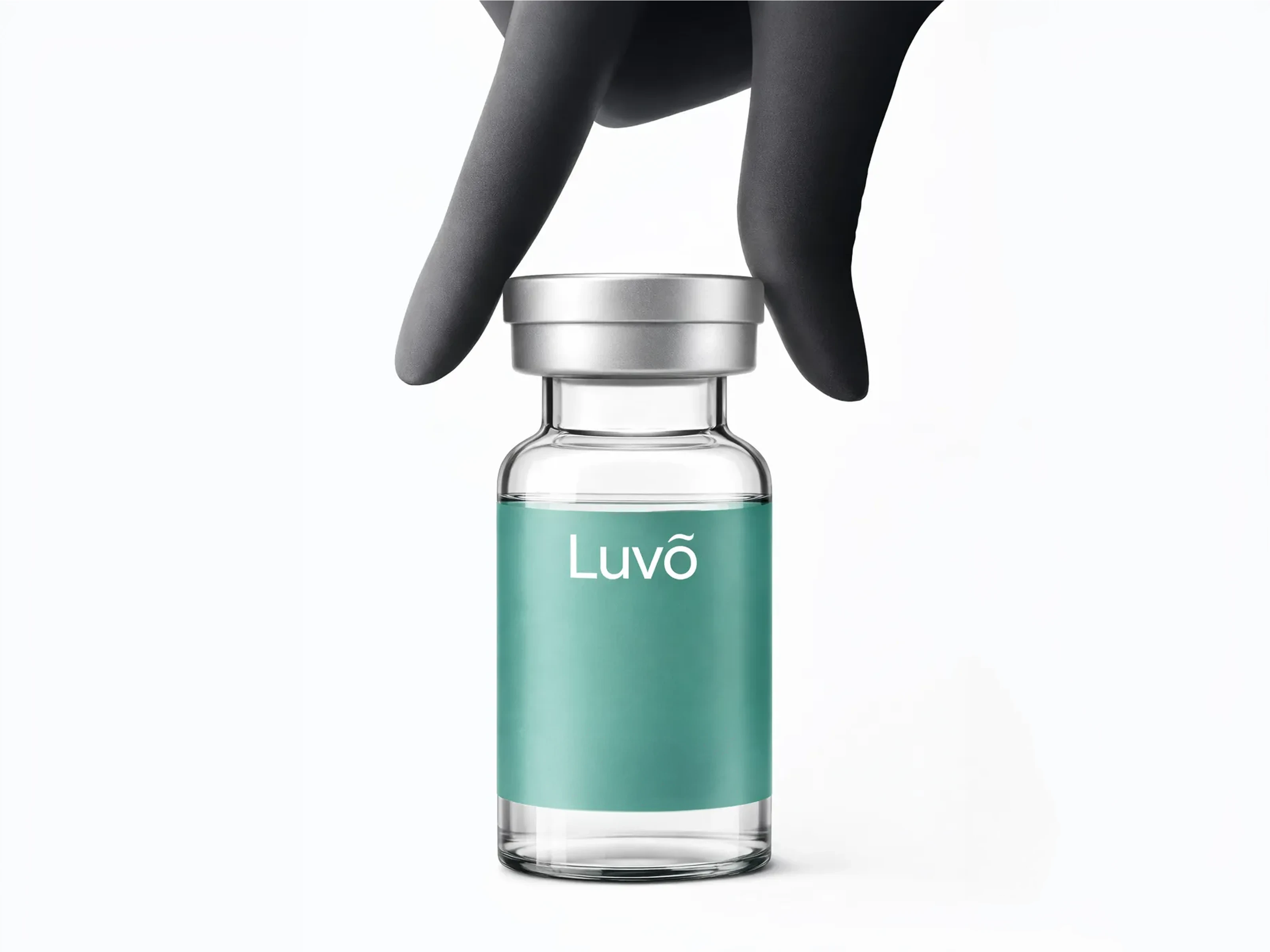 Illustrative tirzepatide injection vial held above a white background