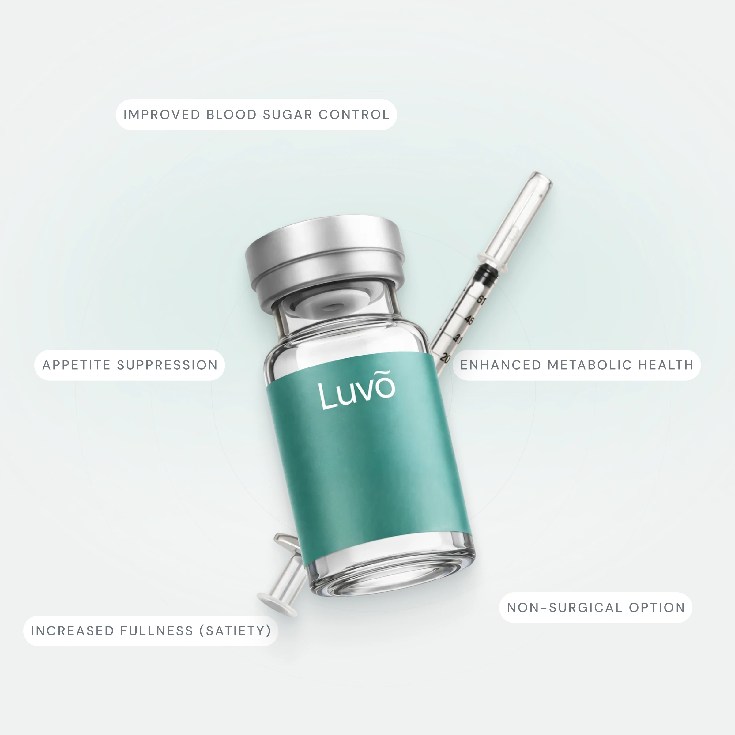 Illustrative semaglutide injection vial with syringe on a light background