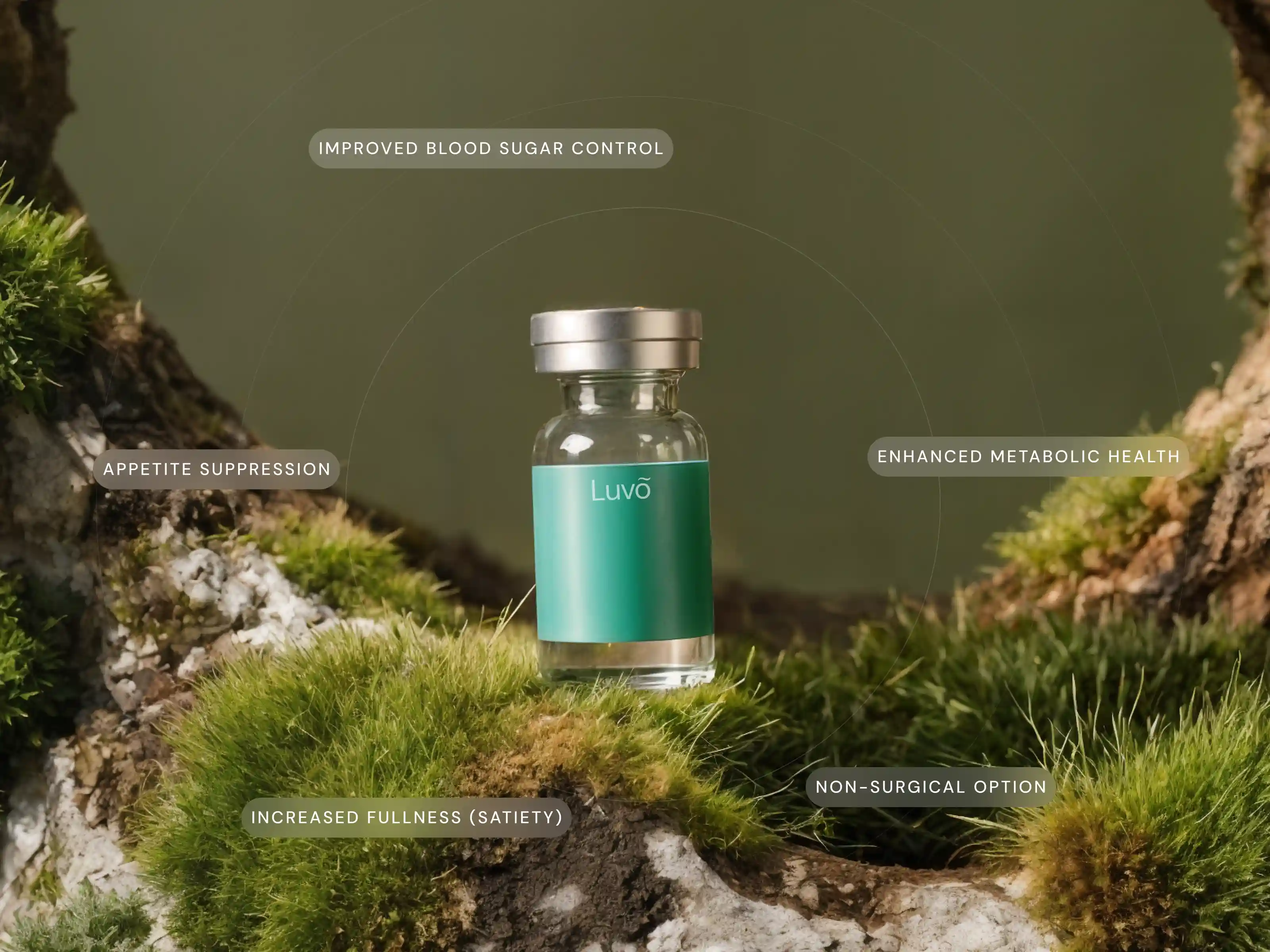 Illustrative semaglutide injection vial on moss with benefit labels
