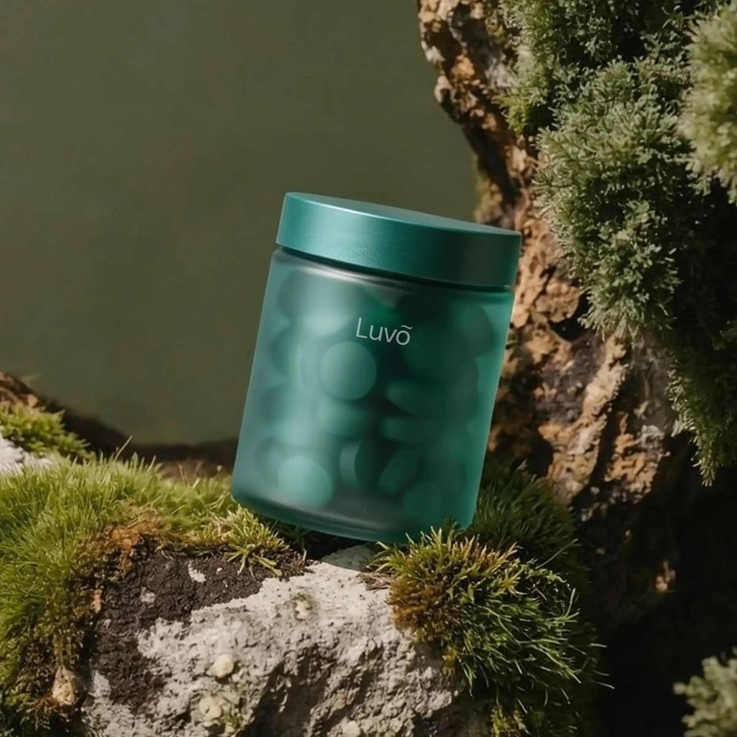 Green bottle of semaglutide tablets on a rock outdoors