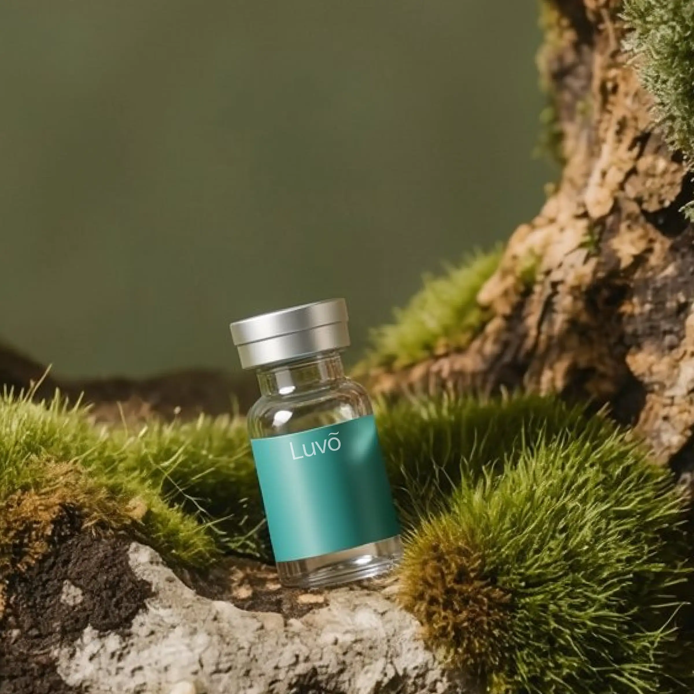 Illustrative tirzepatide injection vial near a tree trunk