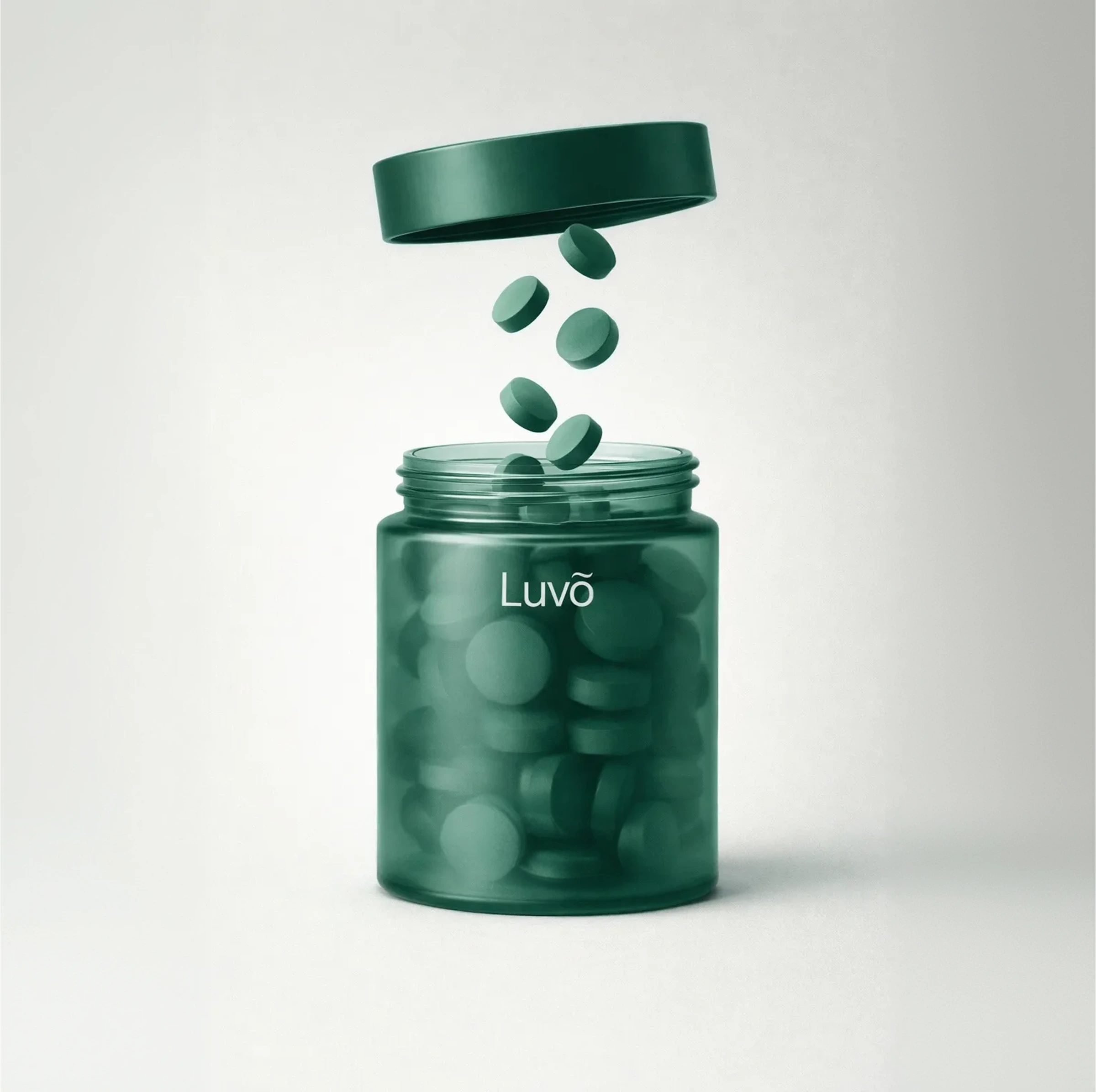 Illustrative tirzepatide tablets pouring from a container on a light background