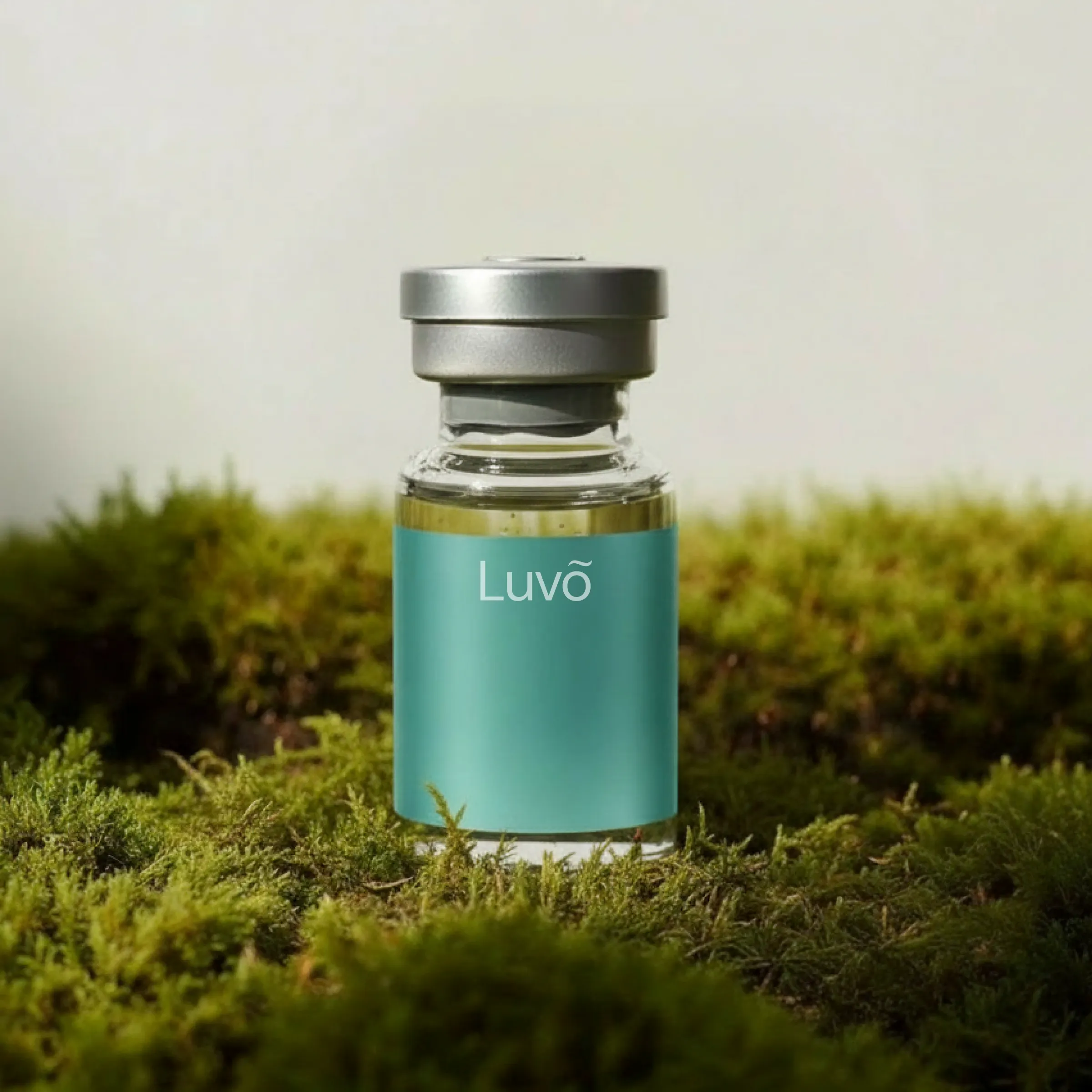 Vial representing microdosing semaglutide injection on moss
