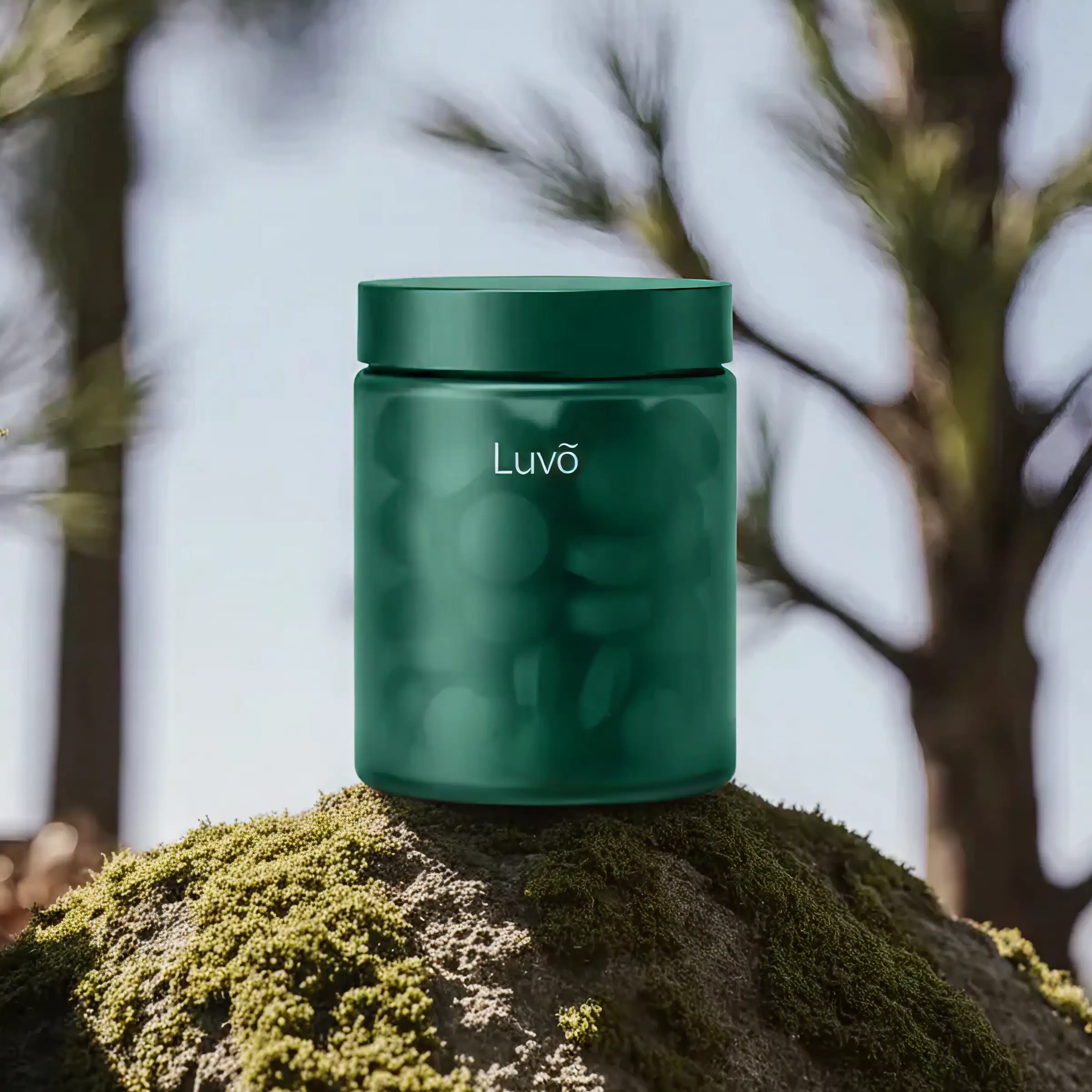 Bottle of microdosing semaglutide tablets on a rock outdoors