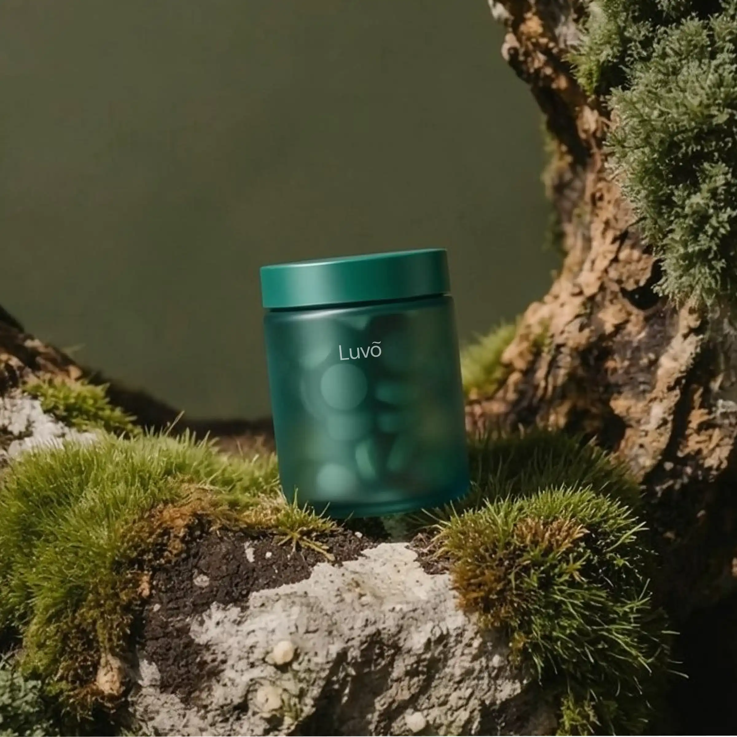 Bottle of microdosing semaglutide tablets outdoors near a tree