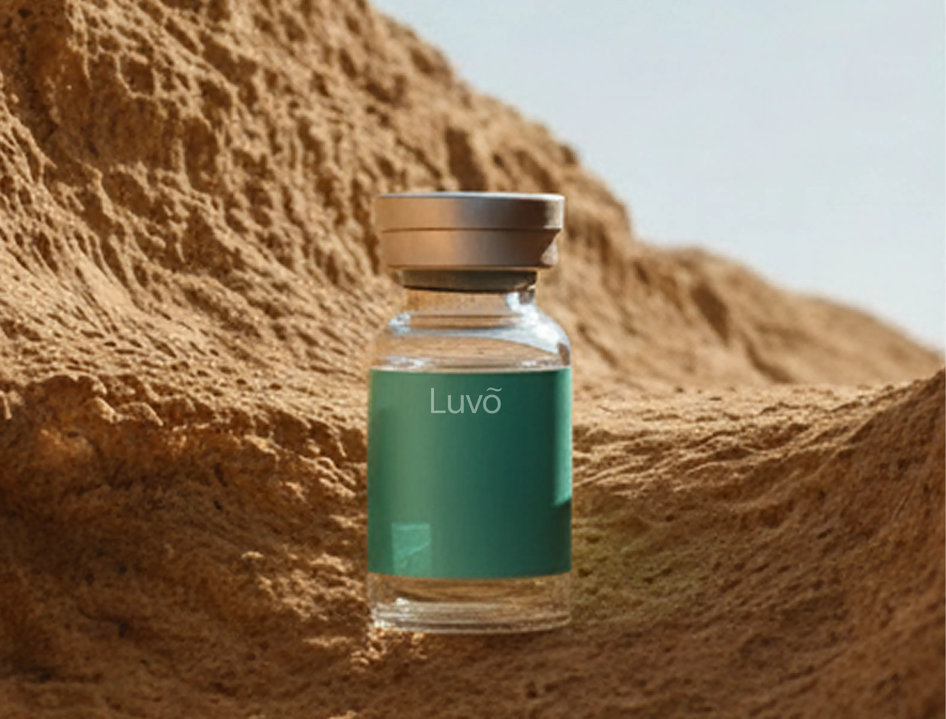 Sermorelin injection vial on sand