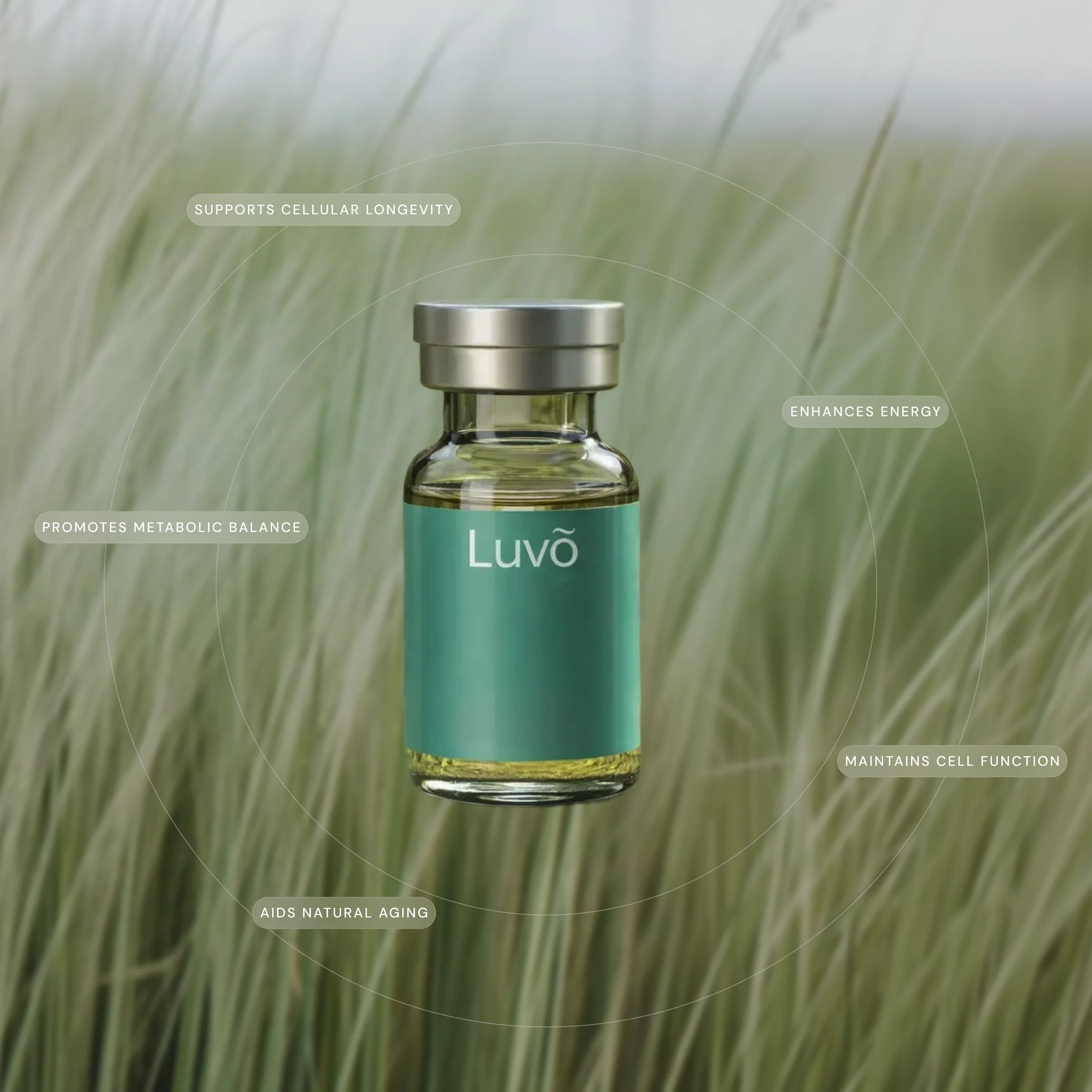 NAD+ injection vial in tall grass