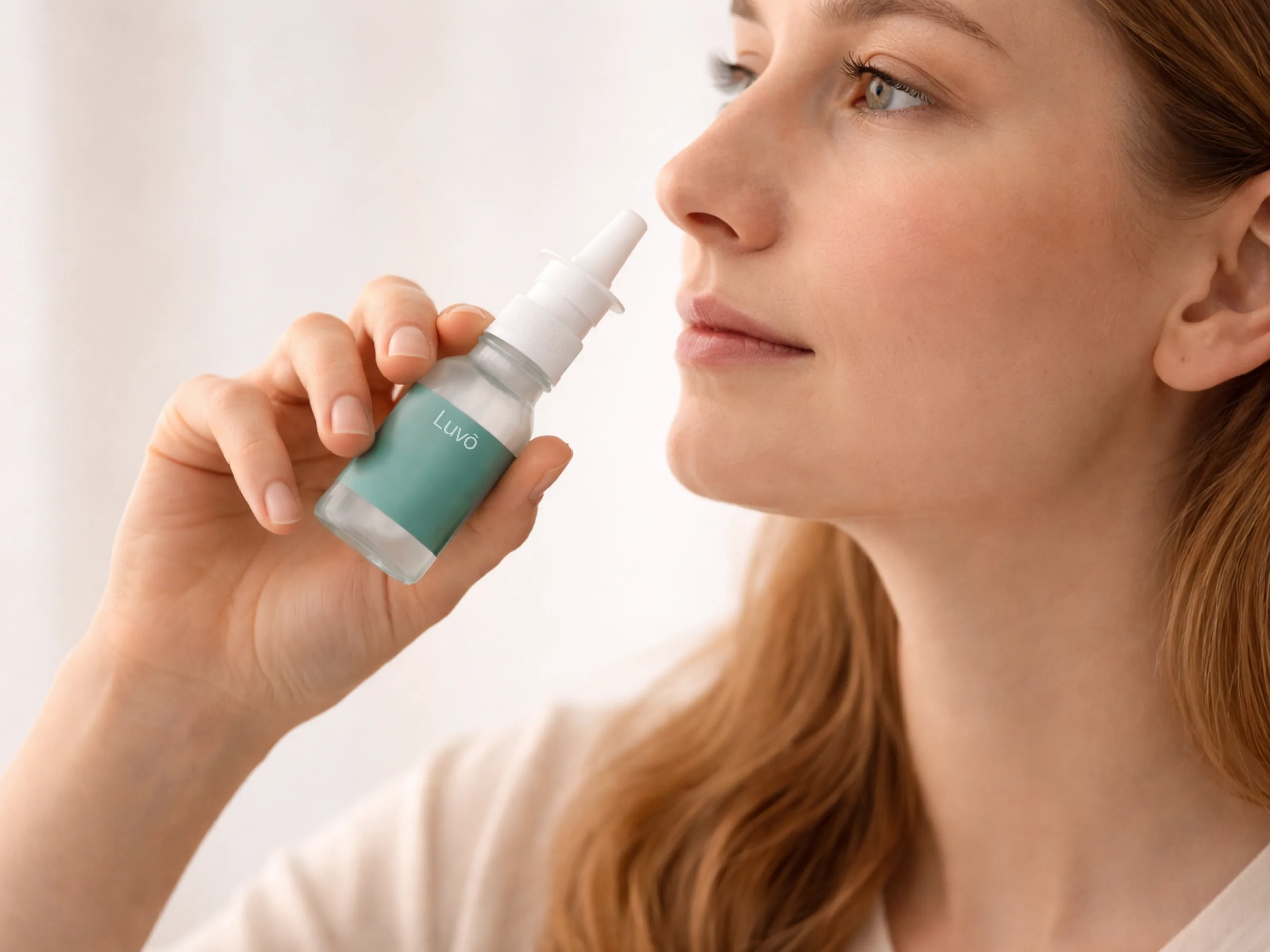Woman using an NAD+ nasal spray
