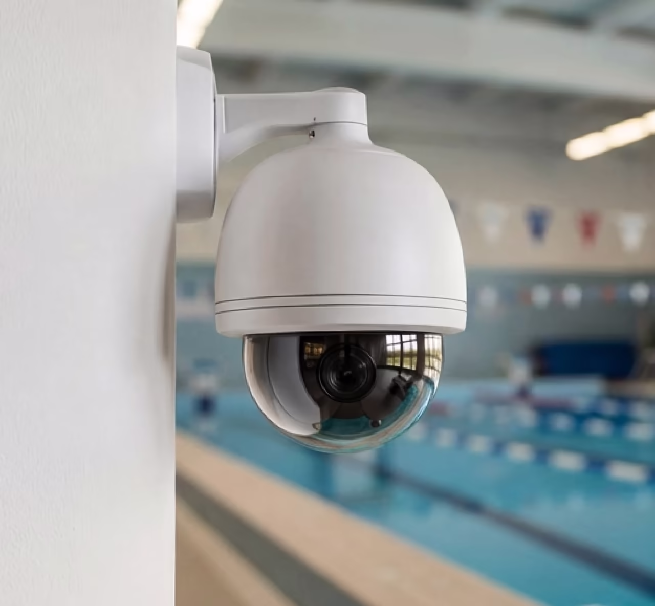 White security camera mounted on a wall overlooking an indoor swimming pool.