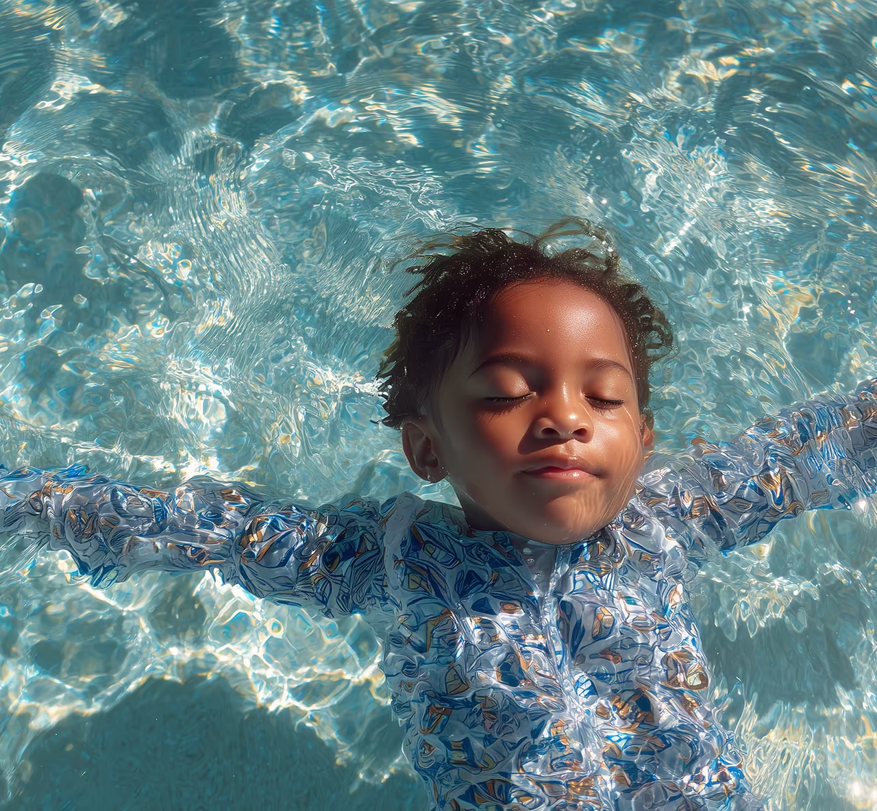 Young child with closed eyes floating relaxed on their back in a clear swimming pool wearing a patterned swimsuit.