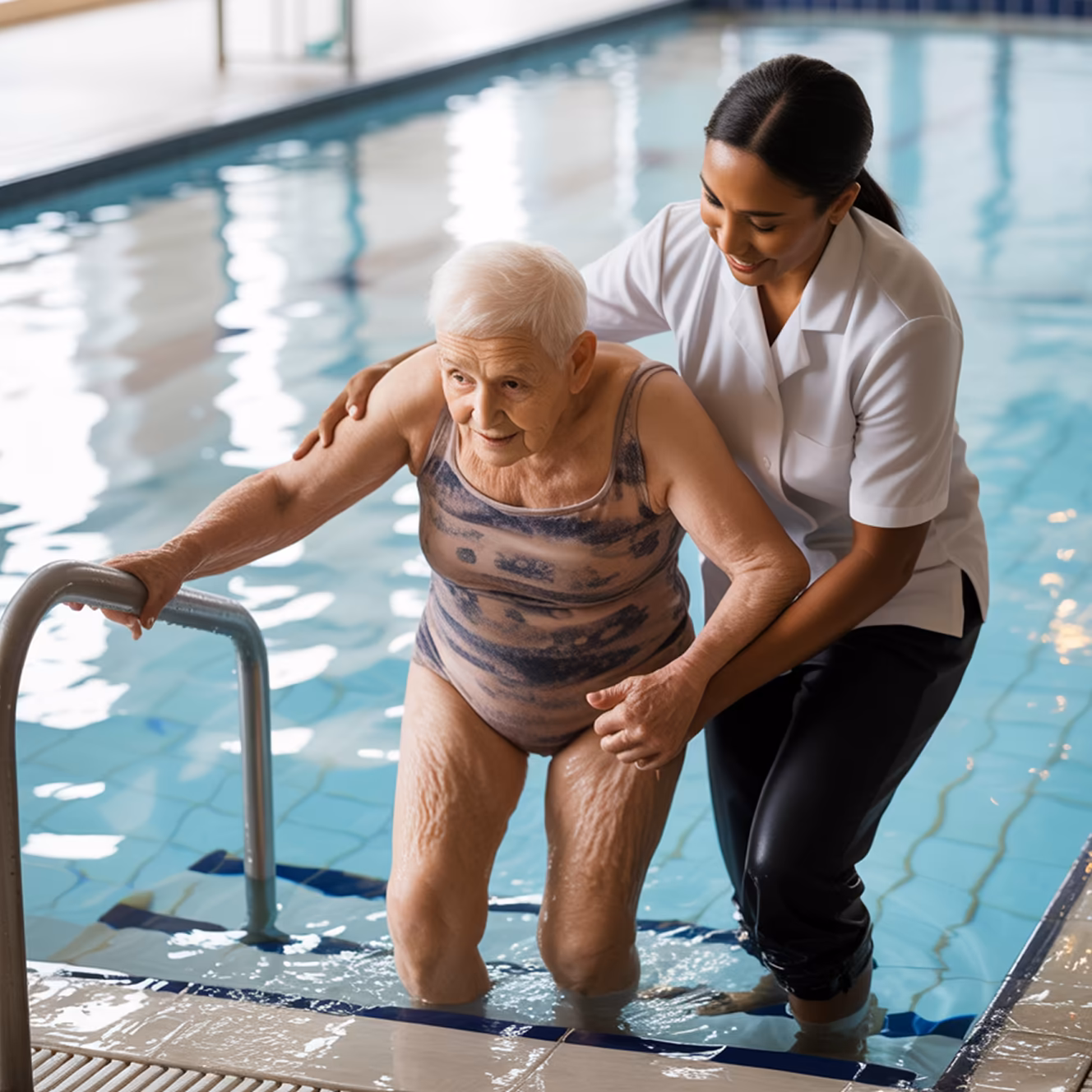 Elderly woman with a caregiver emerging from a swimming pool using the pool steps.