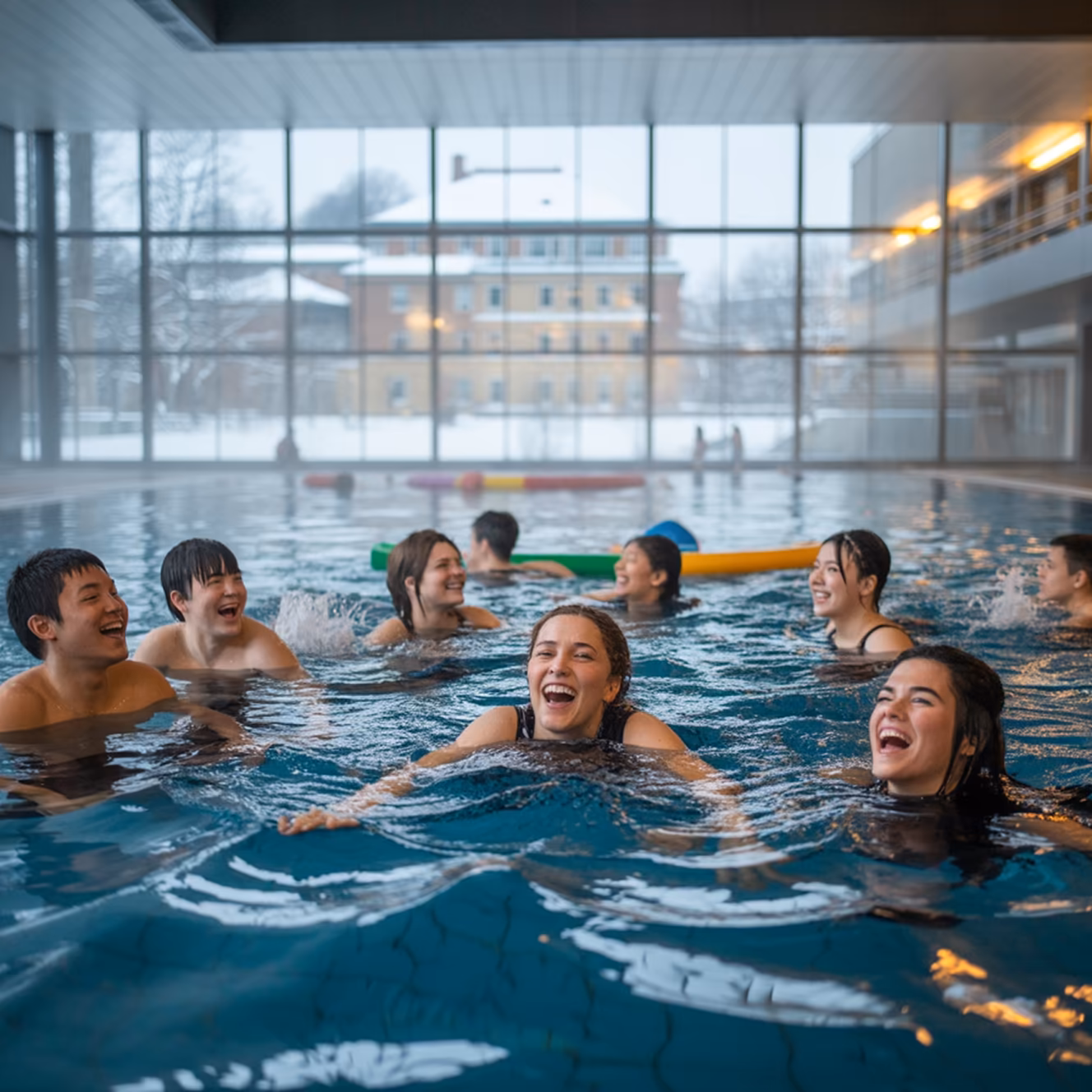 Group of young people laughing and enjoying themselves in an indoor swimming pool with large windows showing a snowy outdoor scene.