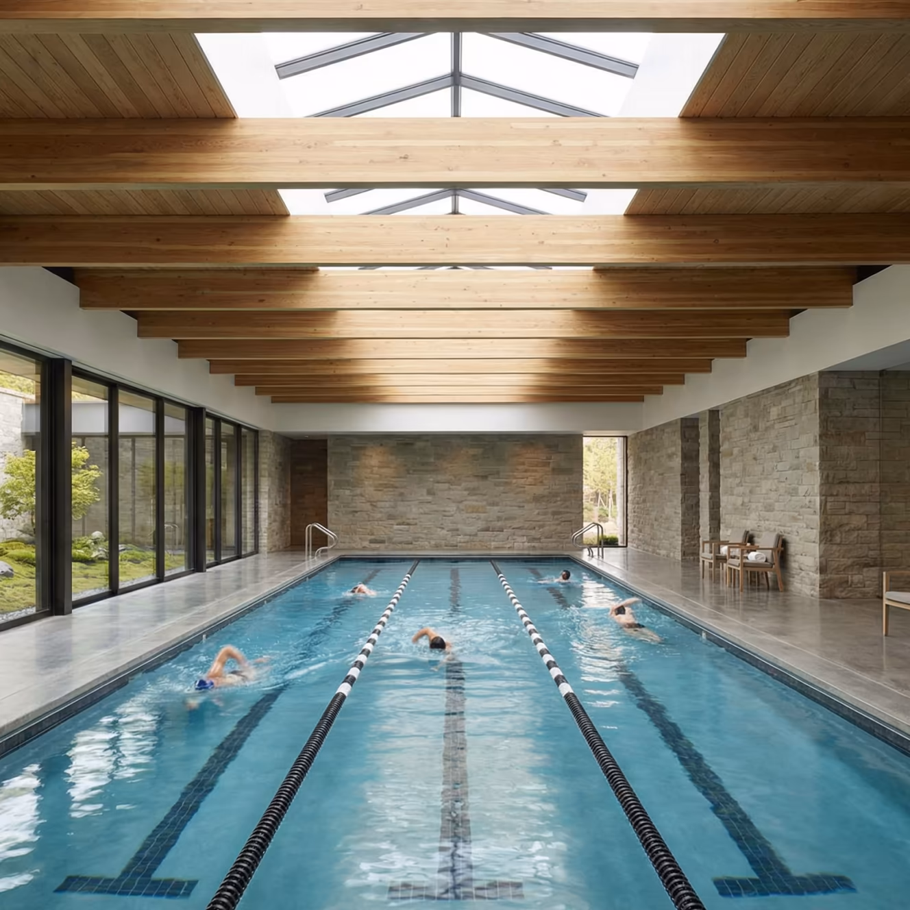 Indoor swimming pool with four swimmers in separate lanes under a wooden beam ceiling and skylights.